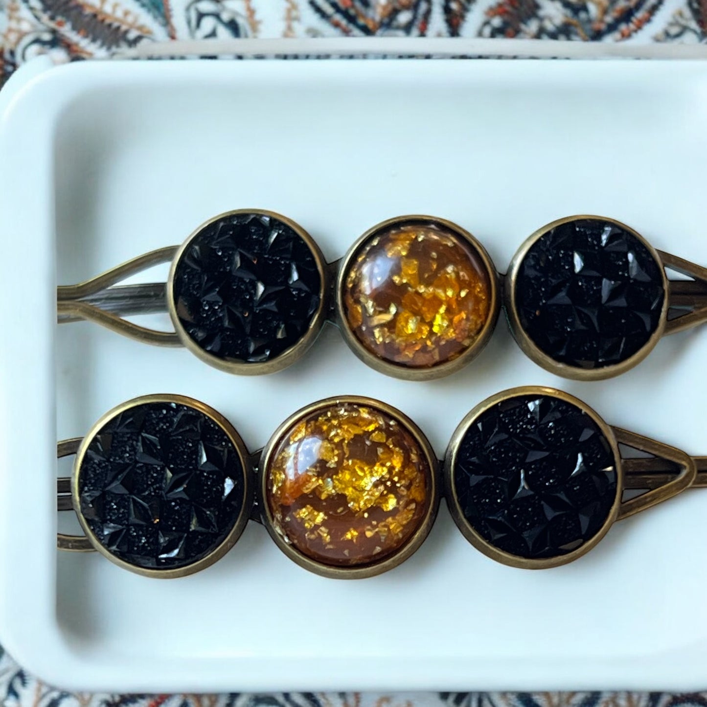 Fall Hair Pin Set – Amber & Black Crystal Handmade Bobby Pins