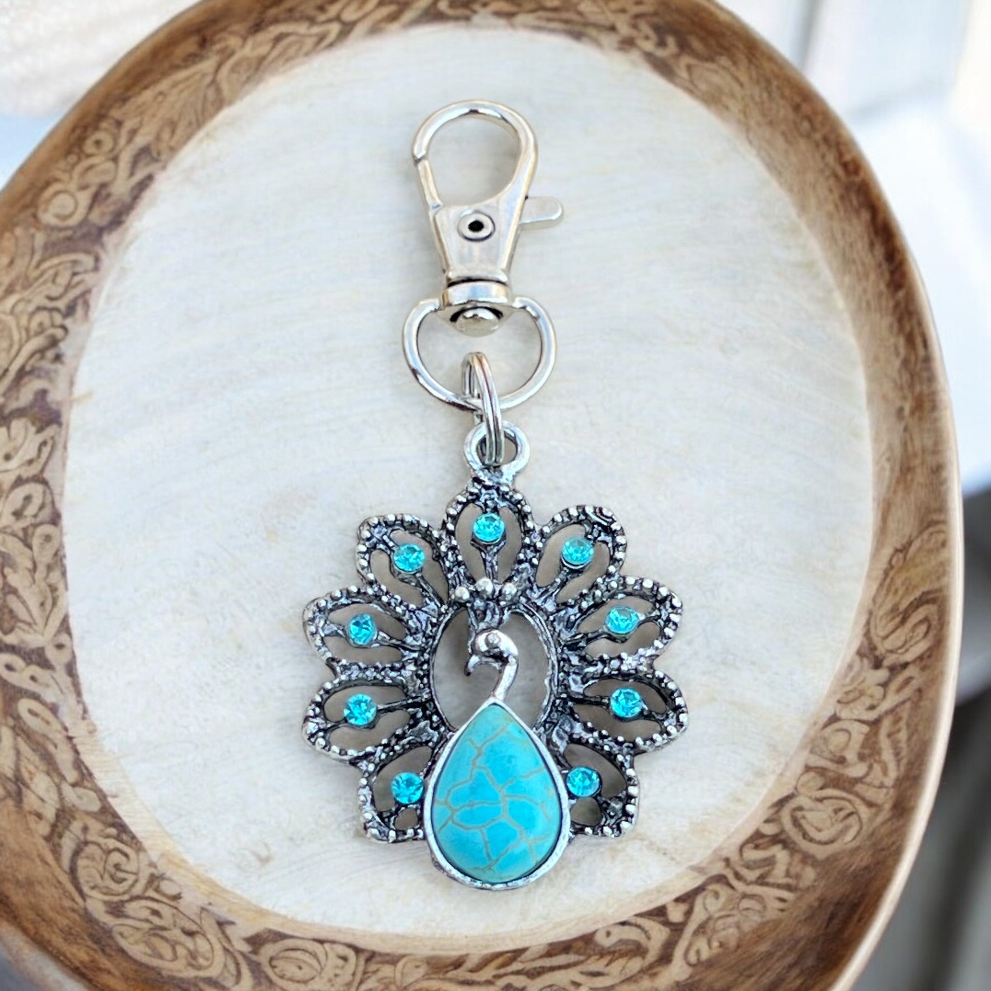 Turquoise Peacock Keychain – Handmade Boho Bag Charm