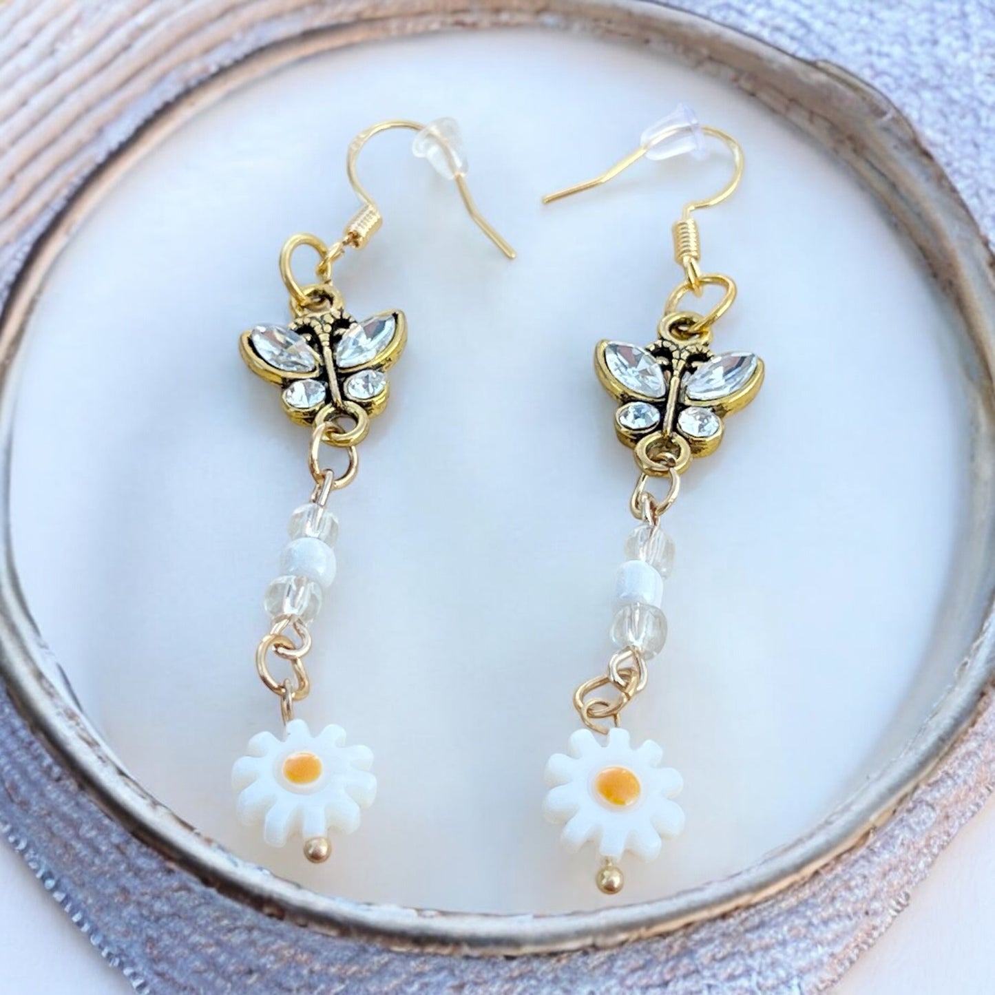 Butterfly & Daisy Earrings – Handmade Gold Floral Dangles