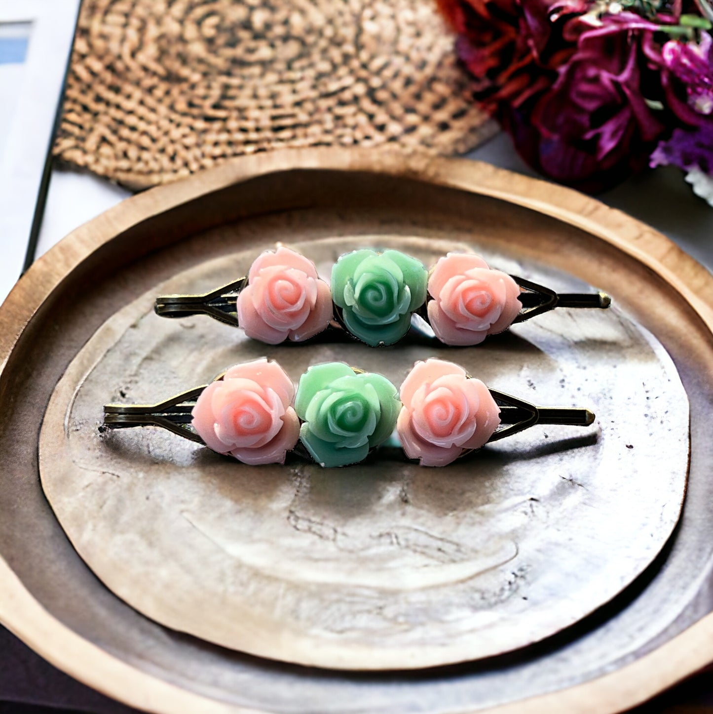 Blush & Mint Rose Hair Pins – Set of 2 Cottagecore Accessories