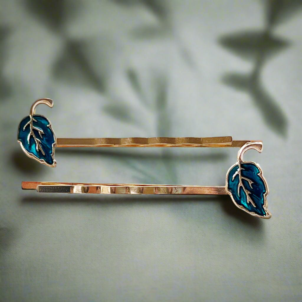 Blue Enamel Leaf Hair Pins – Gold Nature-Inspired Fall Hair Accessories