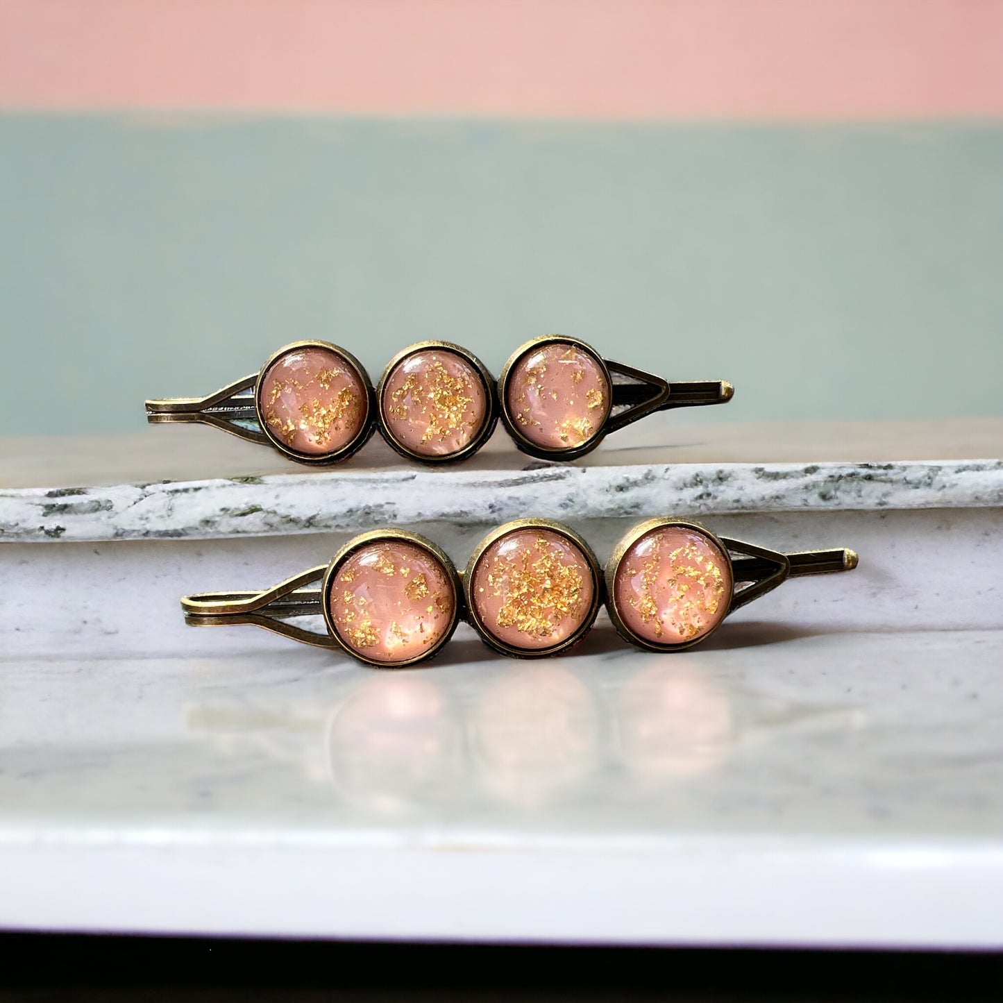 Blush Pink & Gold Foil Hair Pins – Set of 2 Romantic Handmade Accessories