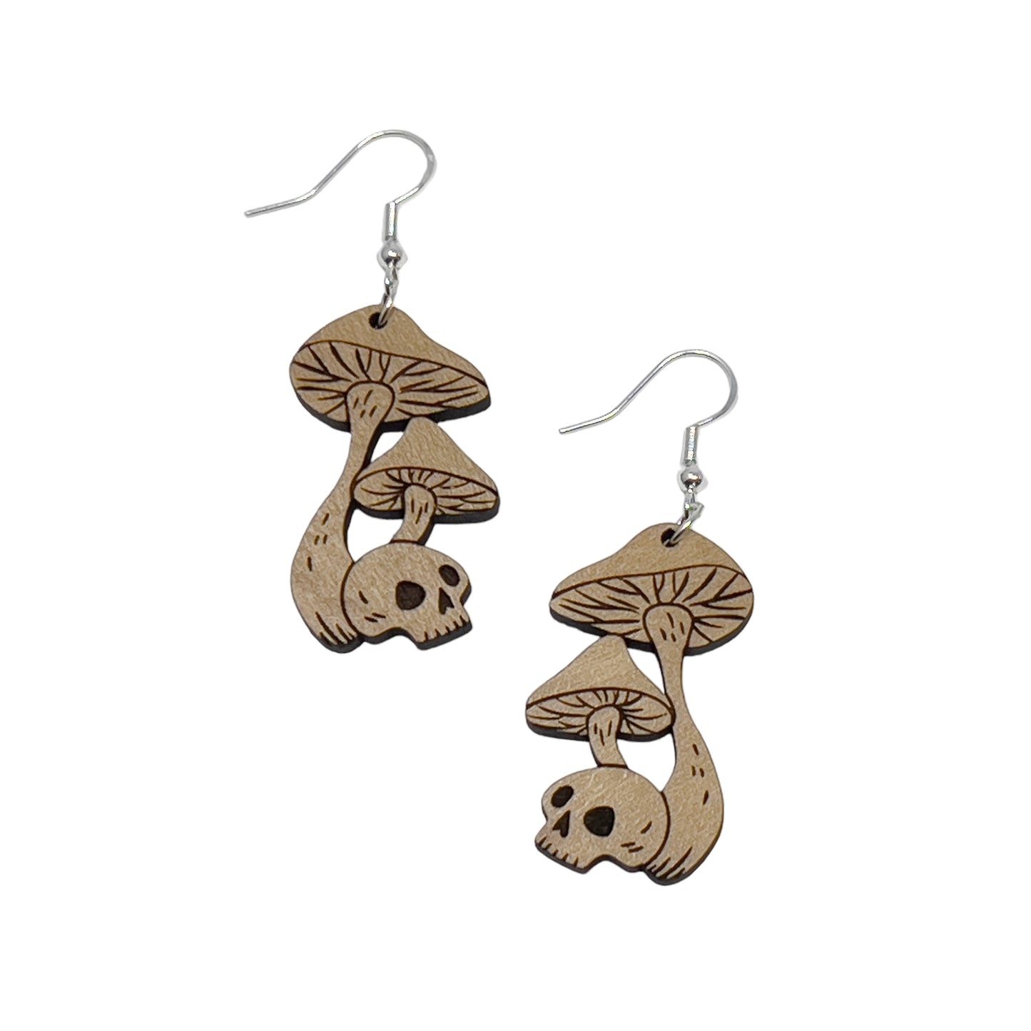 Mushroom Earrings, Rustic Dangle Earrings, Boho Skull Earrings, Cute Nature Earrings, Gothic Wooden Earrings, Country Western Hippie Jewelry
