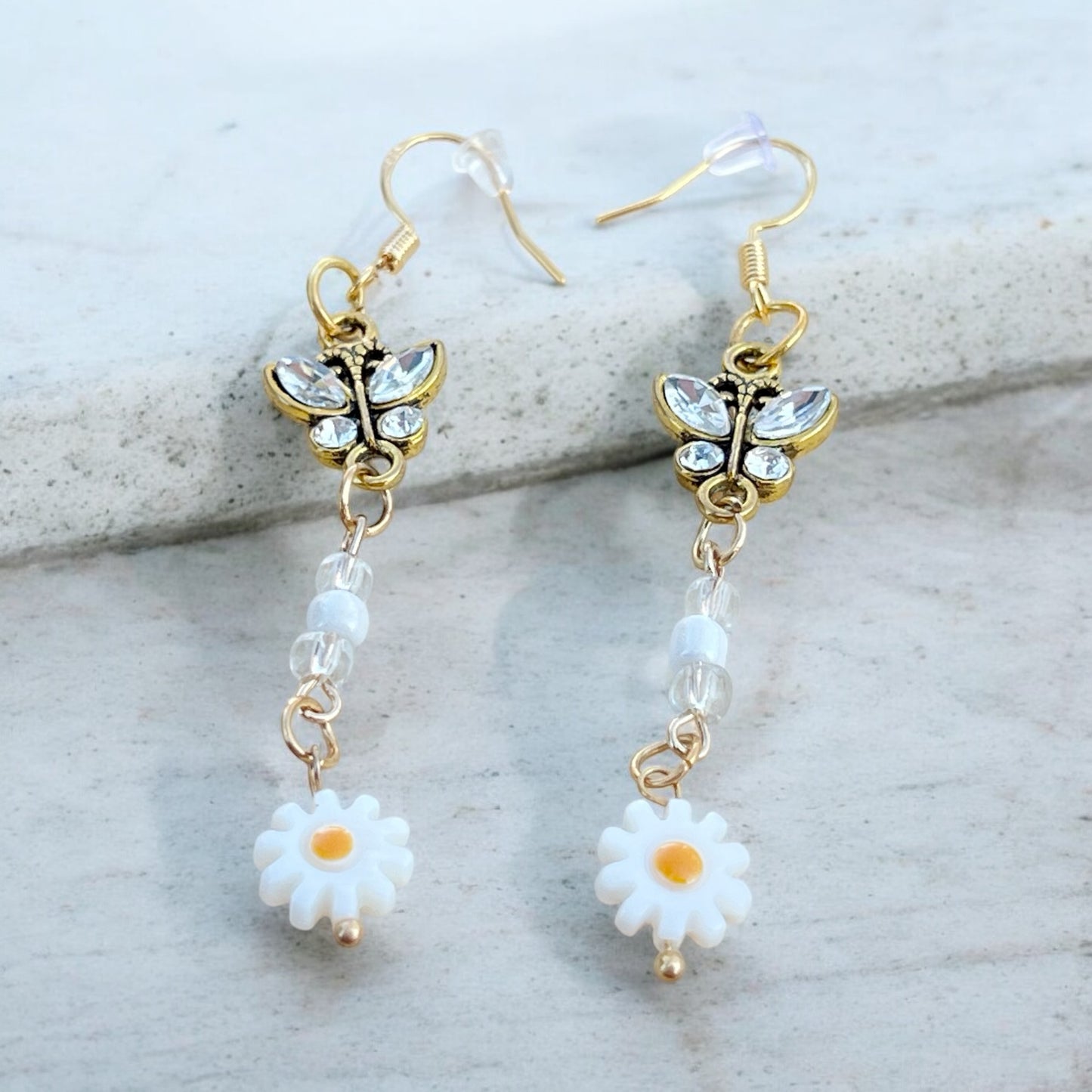 Butterfly & Daisy Earrings – Handmade Gold Floral Dangles
