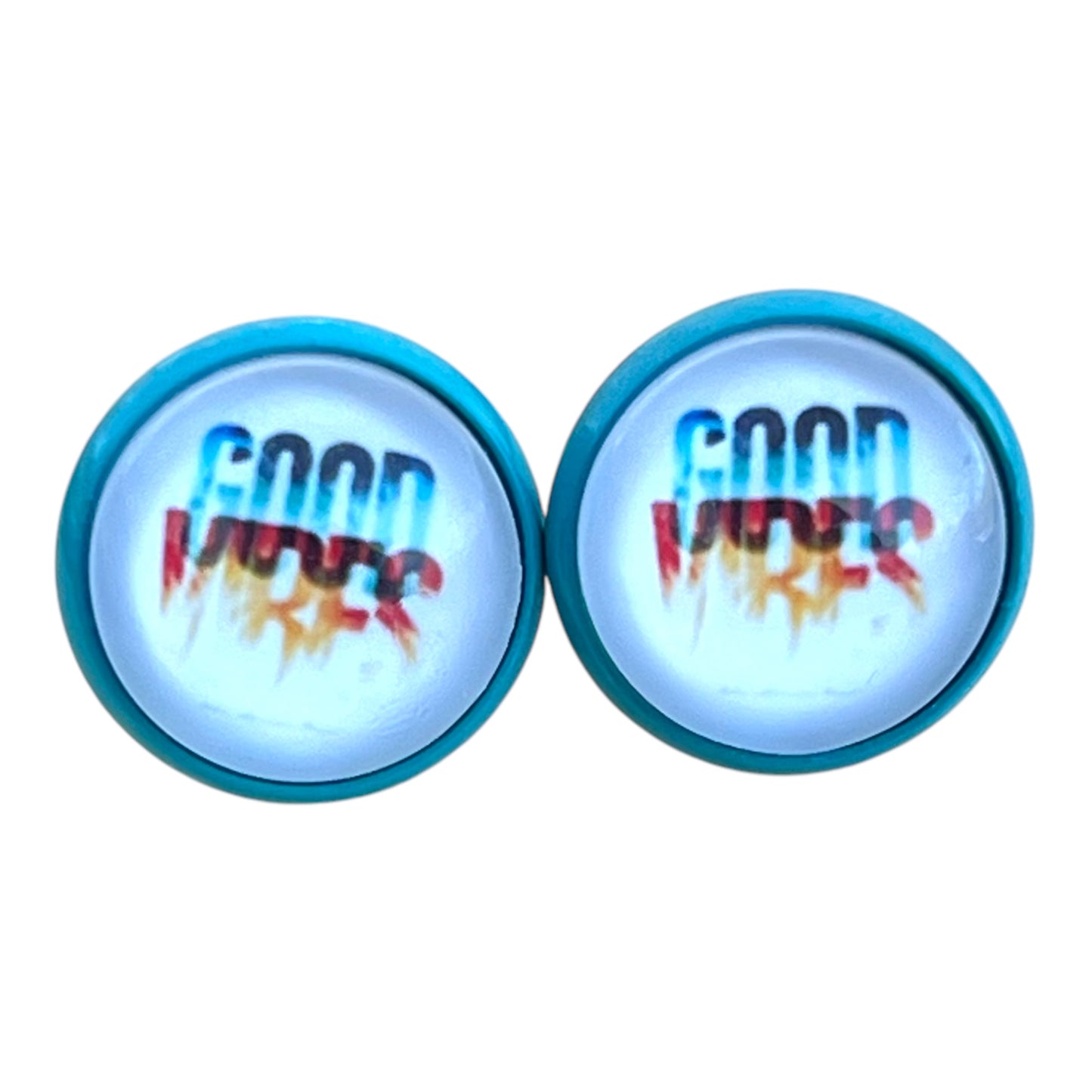 Good Vibes Stud Earrings – Retro Blue Framed Motivational Jewelry