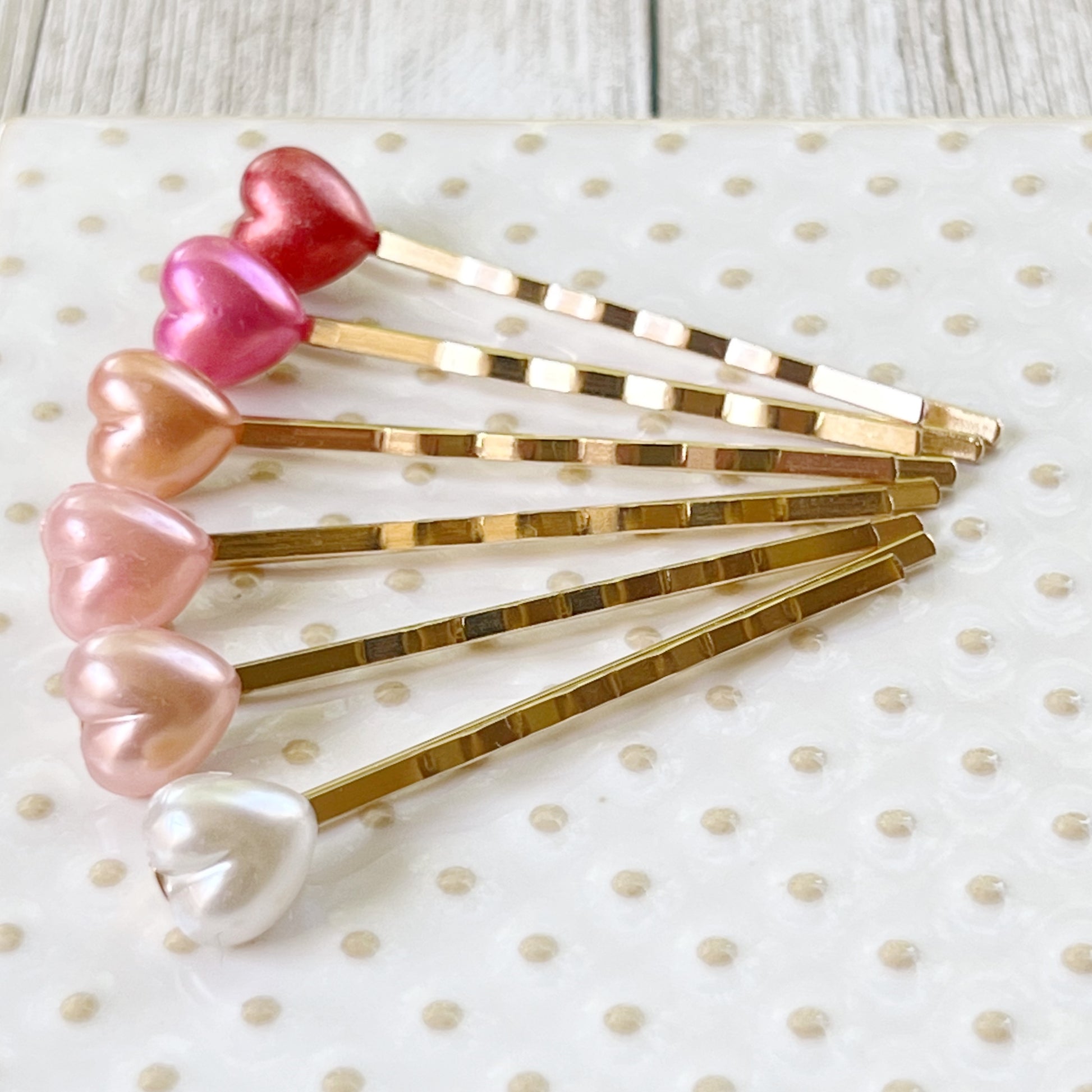 Pearlescent Heart Hair Pins – Gold Bobby Pin Set with Glossy Pastel Accents