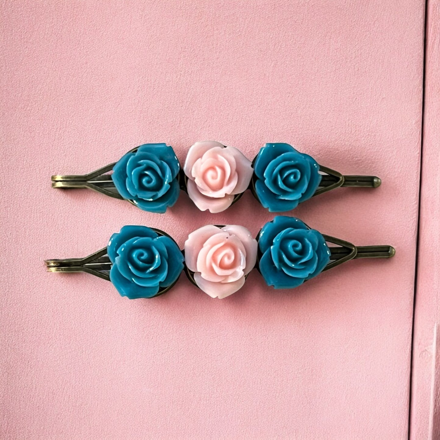 Teal & Light Pink Rose Hair Pins