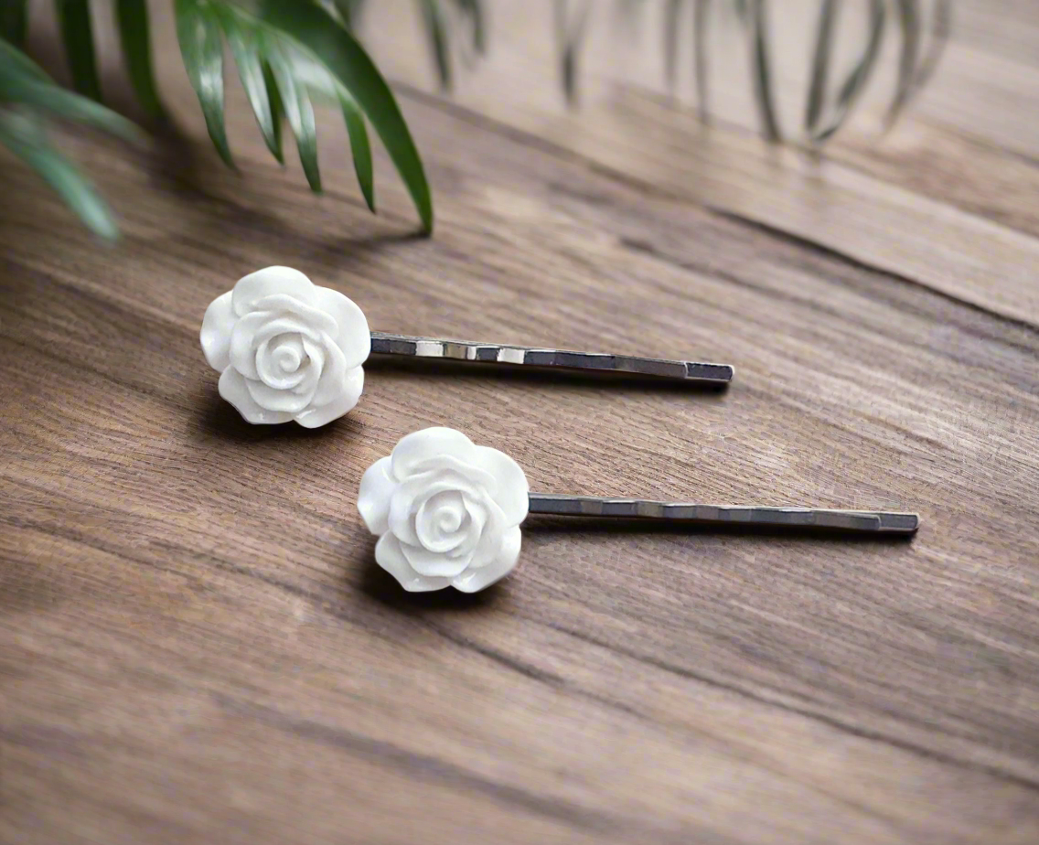 White Rose Hair Pins- Boho Floral Bobby Pins