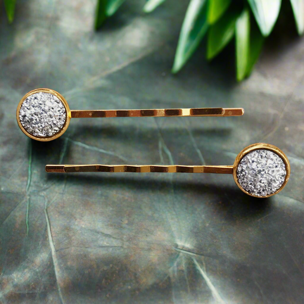 Alfileres de pelo de oro y plata, alfileres de pelo de verano, clip de pelo Druzy, alfileres de pelo de mujer, clips de pelo de mujer, pin de Bobby Druzy metálico, barrette de mujer
