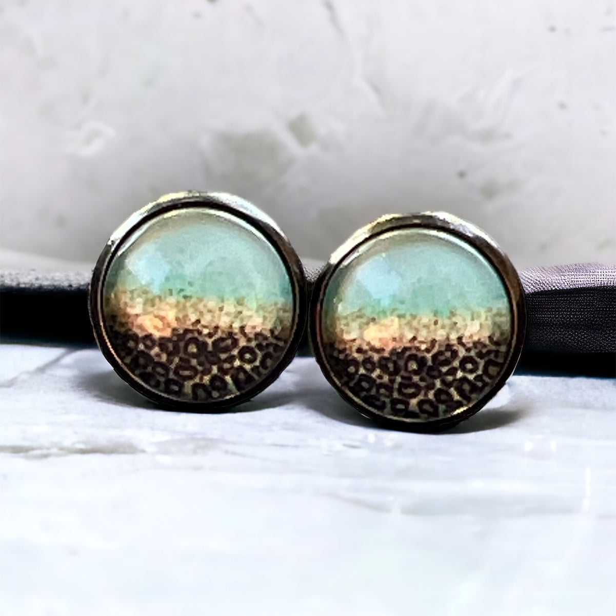 Green and Gold Animal Print Gunmetal Silver Earring Studs