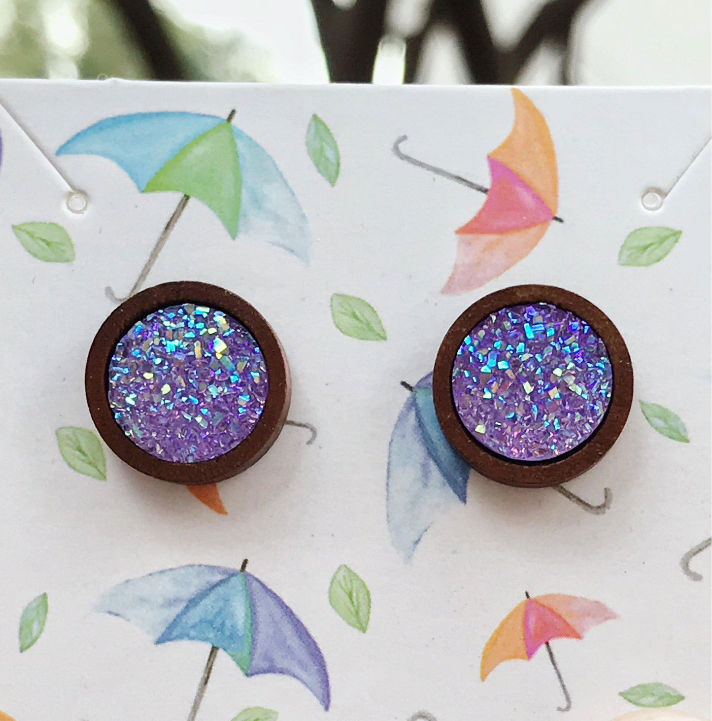 Purple Glitter Druzy Wood Stud Earrings: Sparkling Accents for Glamorous Looks
