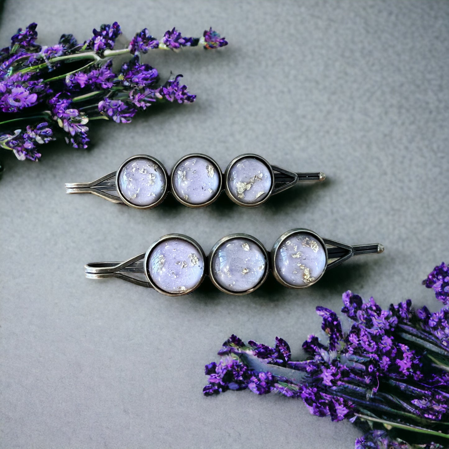 Lilac & Gold Foil Resin Hair Pins – Shimmering Celestial Set of 2