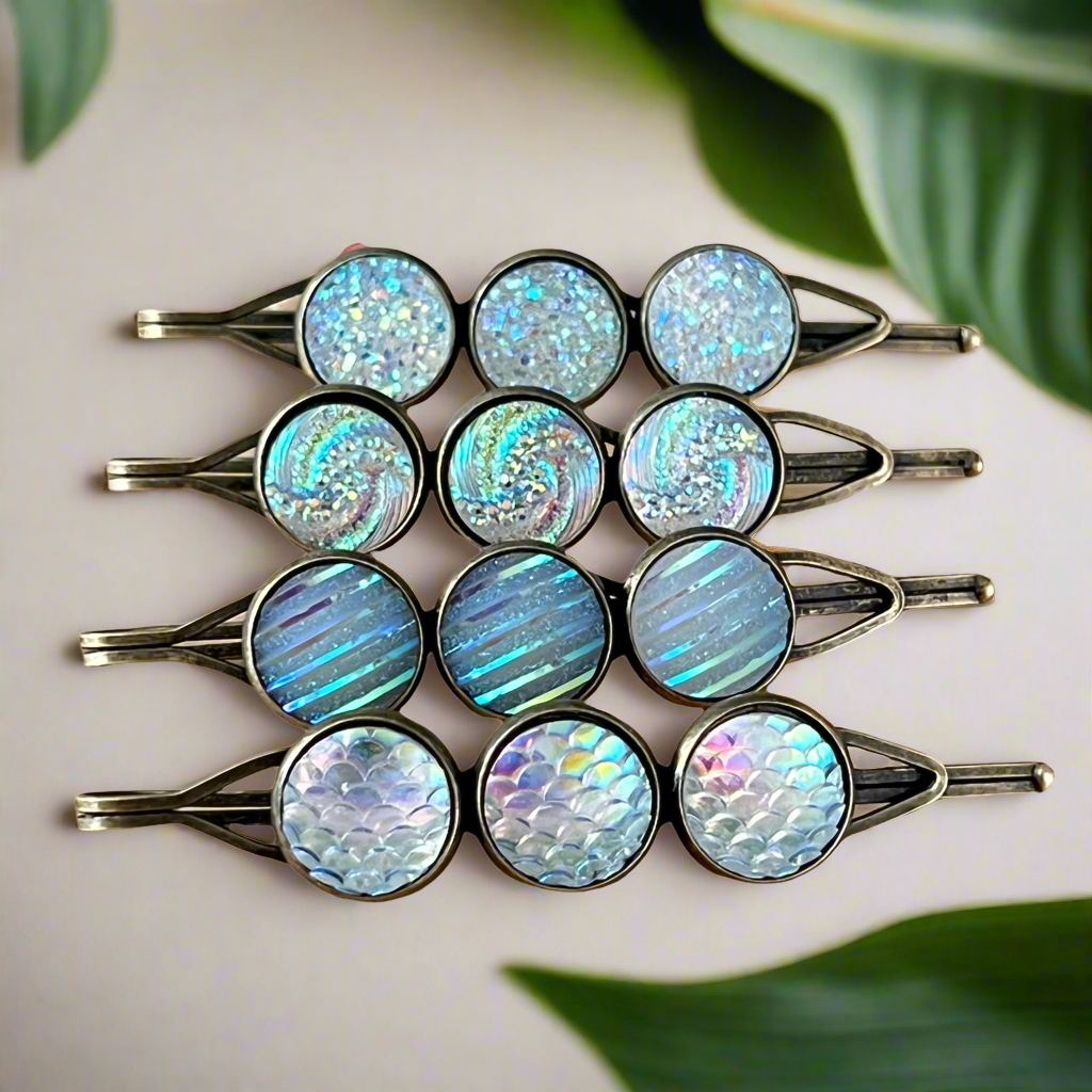 White Glitter Druzy Hair Pins - Set of 4 Unique Patterns Accessories