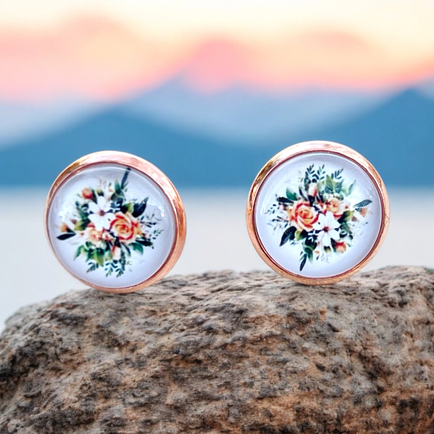 Rose Gold Floral Stud Earrings – Handmade Vintage Cottagecore Jewelry