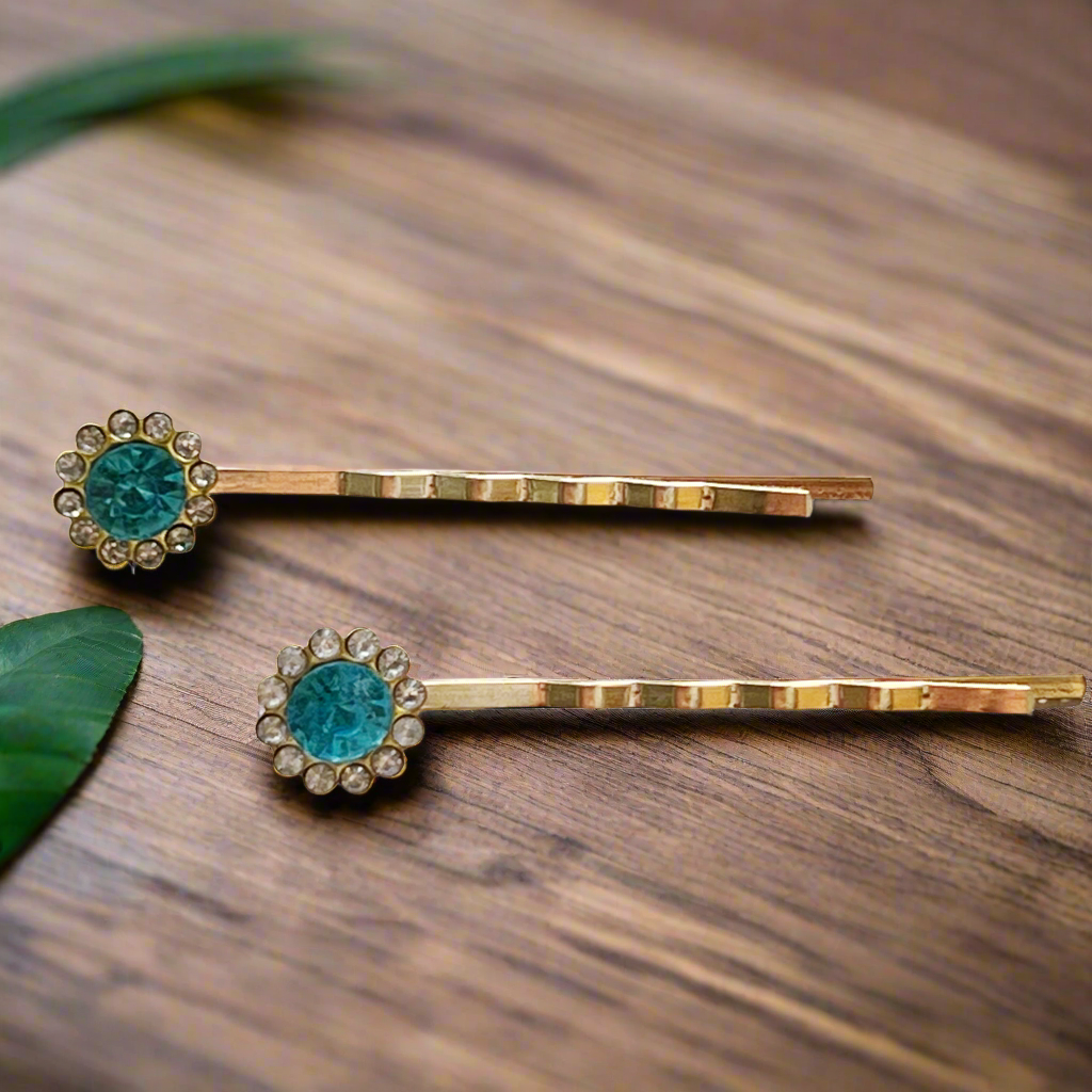 Horquillas para el pelo con flores de diamantes de imitación azules