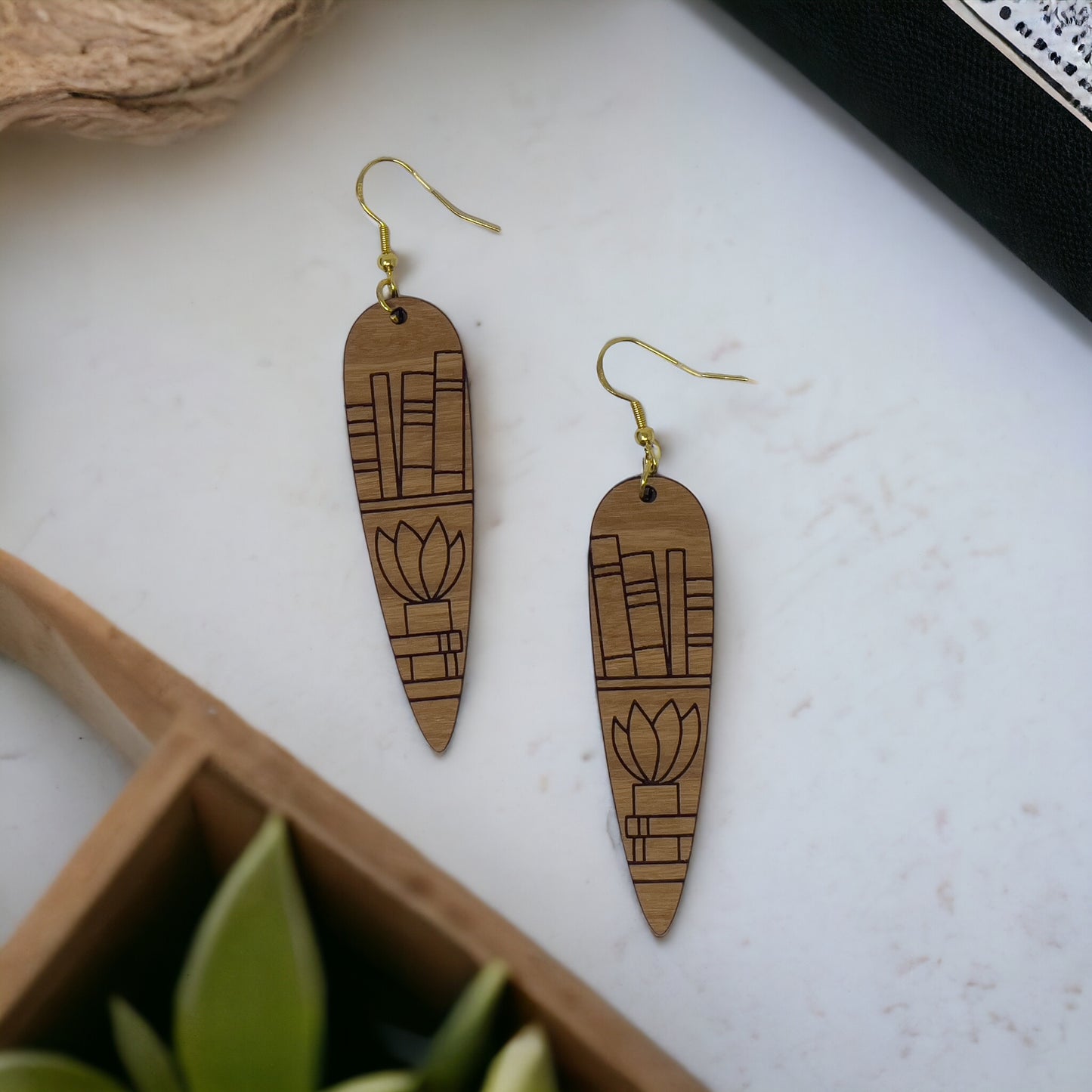Bookshelf & Plant Wood Earrings – Boho Literary Jewelry