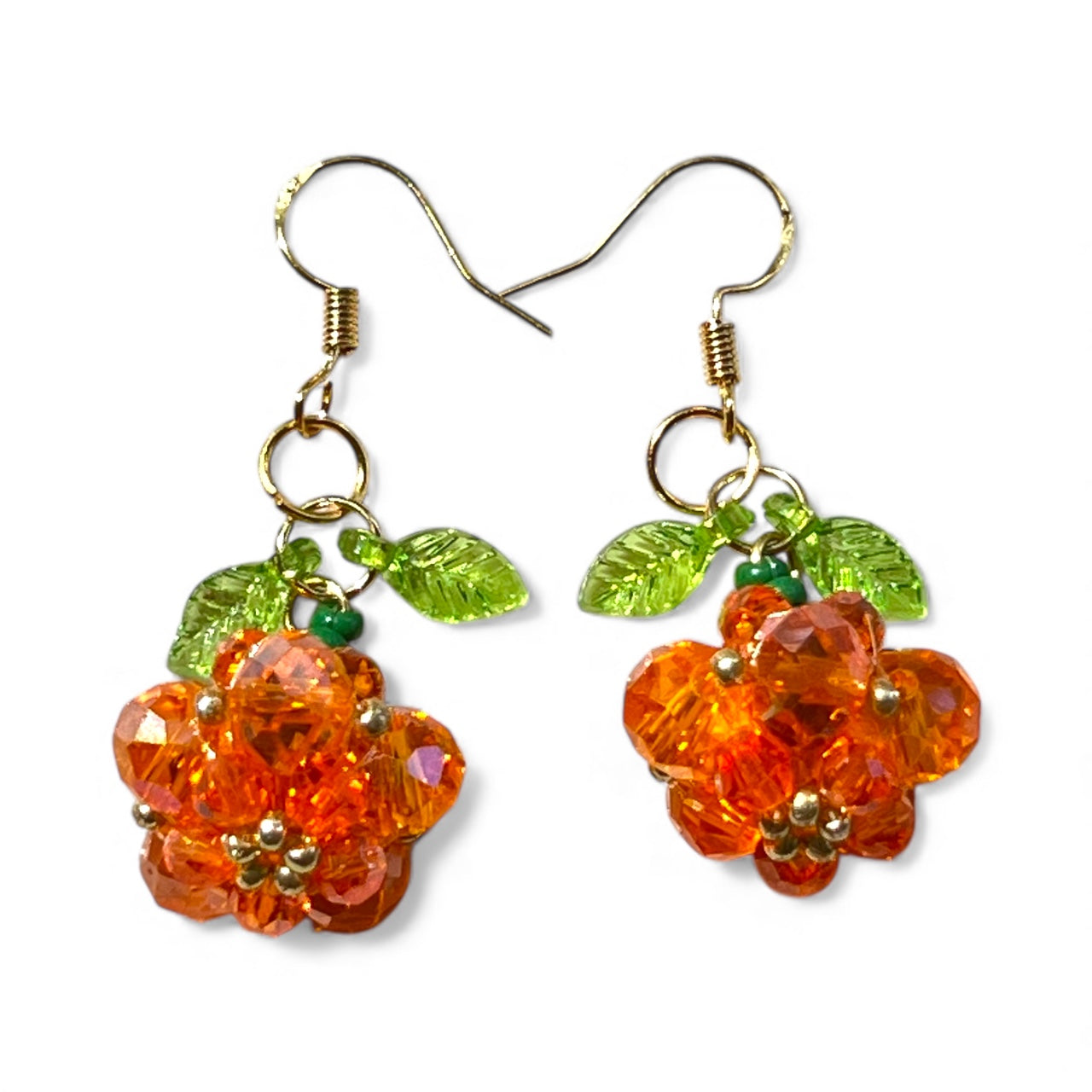Beaded Pumpkin Earrings – Sparkly Fall Dangles with Green Leaves