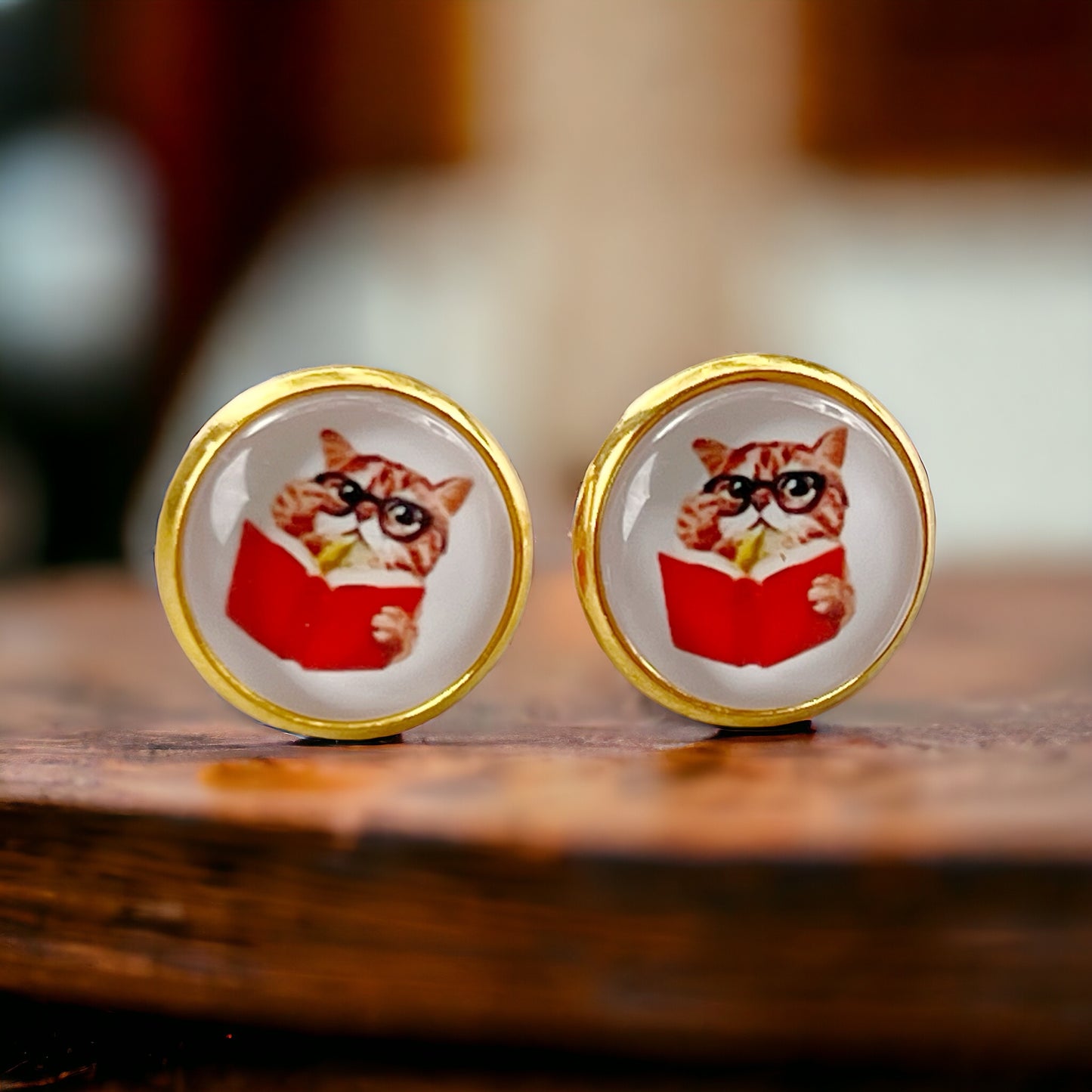 Cat Reading Book Stud Earrings – Gold-Toned Literary Jewelry