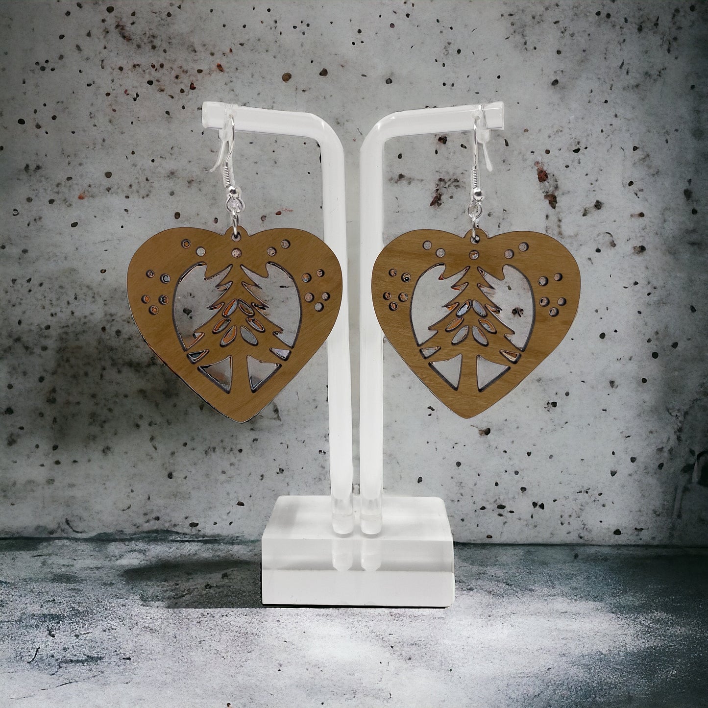 Heart Tree Cutout Earrings – Wooden Christmas Forest Dangles with Gold Hooks