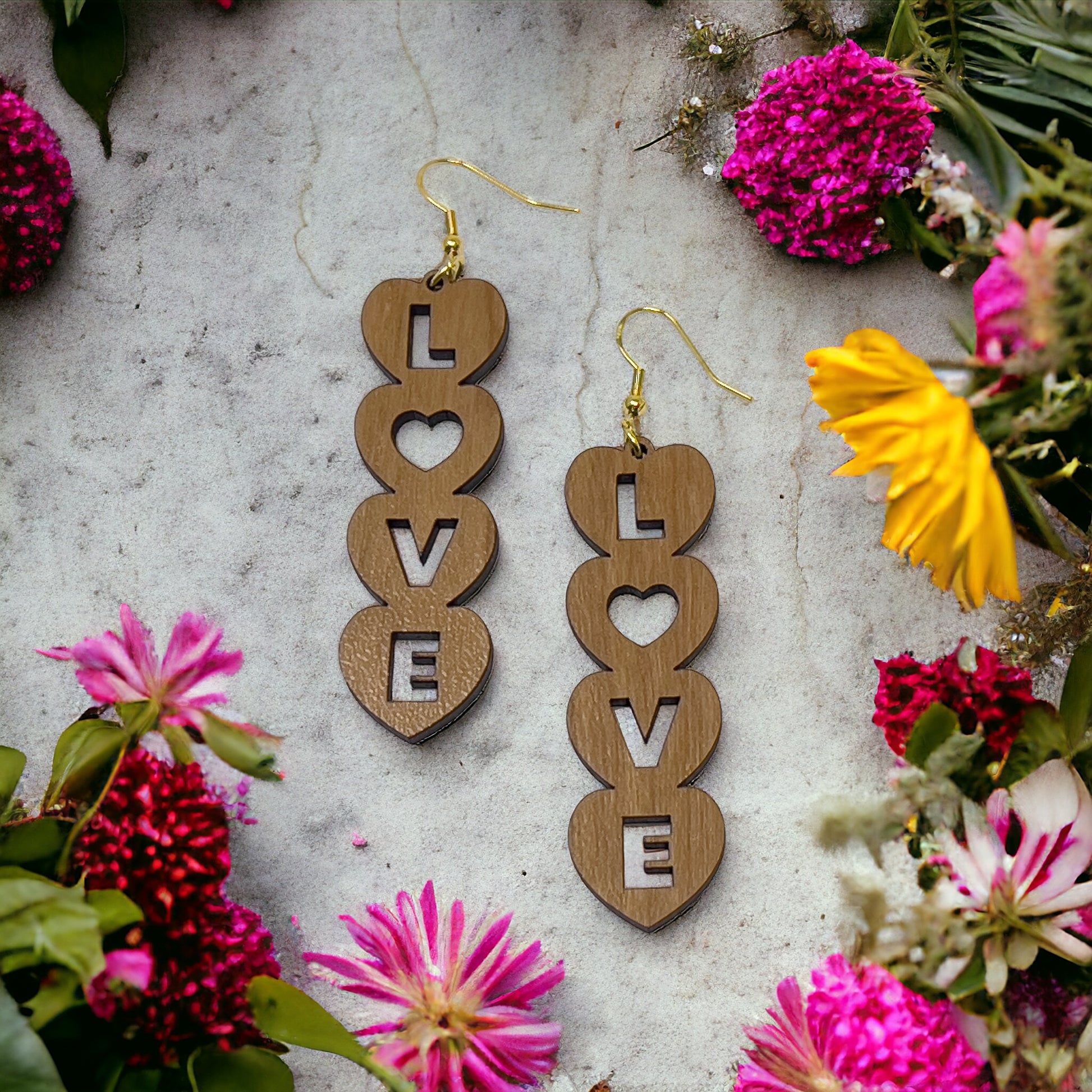 Heart Earrings with Cutout Letters that Spell Love - Rustic Valentine's Dangle Earrings