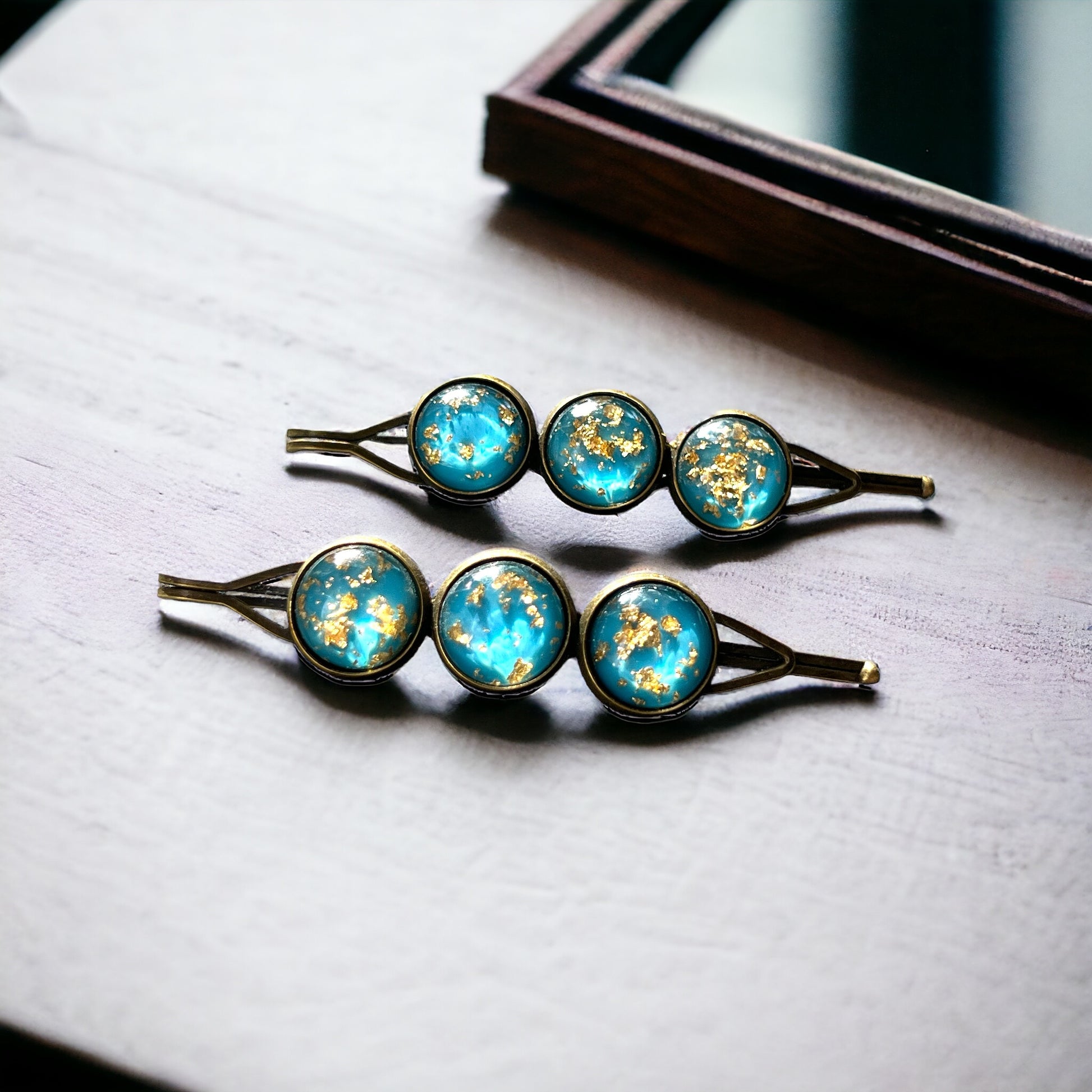 Turquoise Blue Gold Flake Glitter Hair Pins: Sparkling Accessories for Glamorous Styles