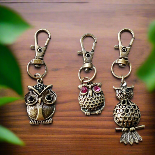 Set of 3 Brass Owl Purse Charms with Rhinestone Accents