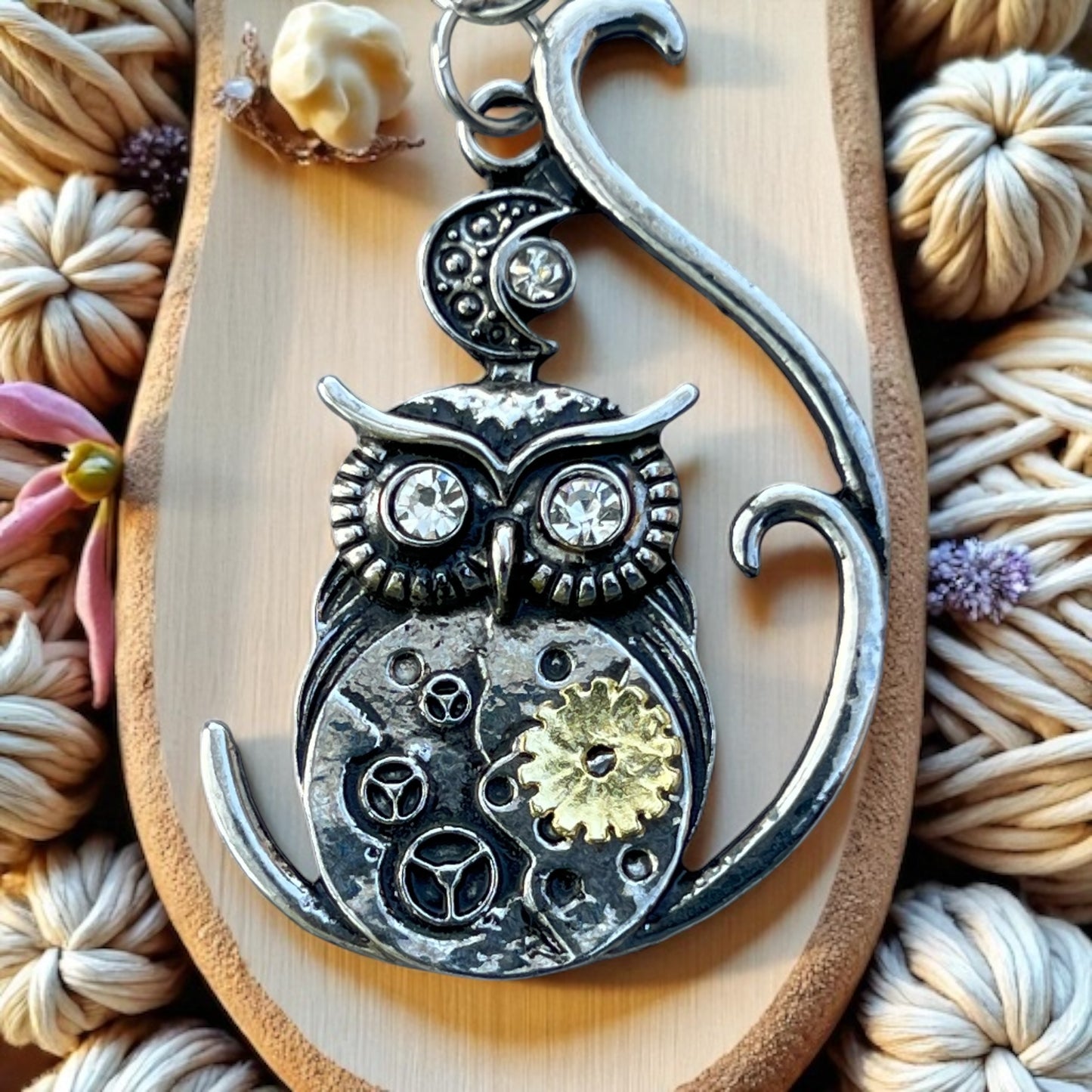 Steampunk Owl Purse Charm – Mixed Metal Gear Keychain