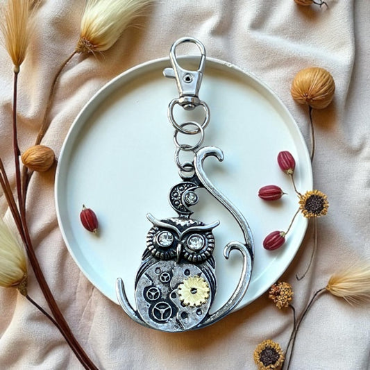 Steampunk Owl Purse Charm – Mixed Metal Gear Keychain
