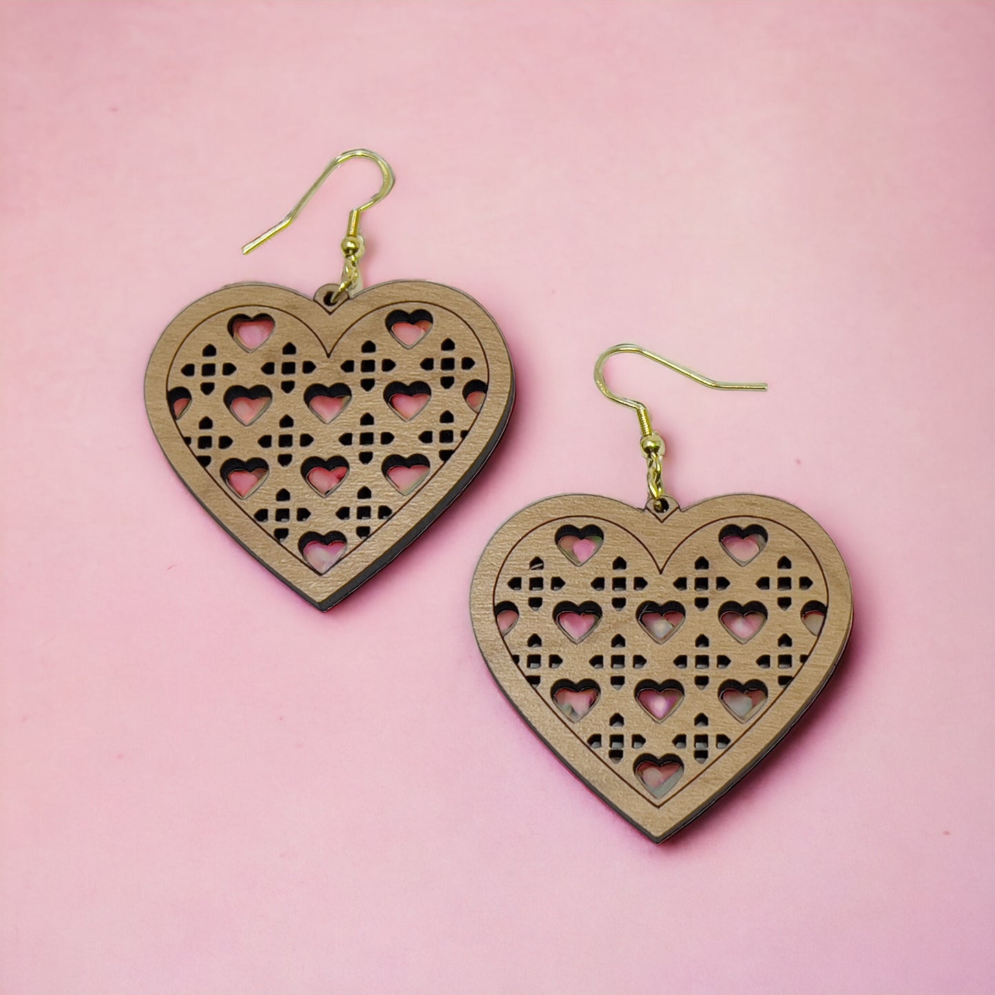 Wood Heart Earrings, Rustic Valentines Dangle Earrings, Cute Holiday Earrings, Wooden Lattice Cutout Earrings, Country Western Boho Jewelry