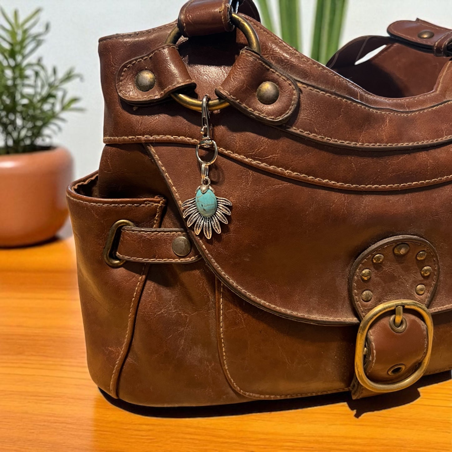 Turquoise Sunburst Purse Charm – Western Boho Keychain with Feather Detail