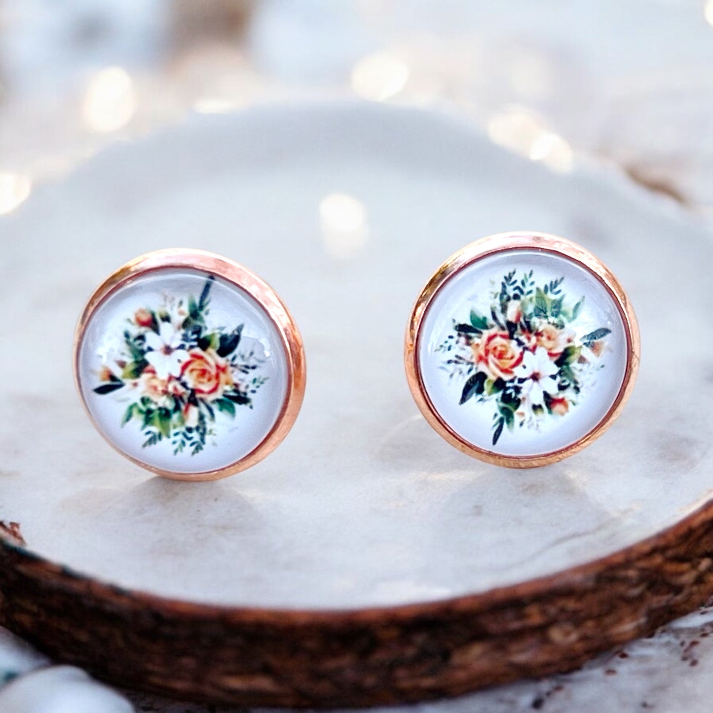 Rose Gold Floral Stud Earrings – Handmade Vintage Cottagecore Jewelry