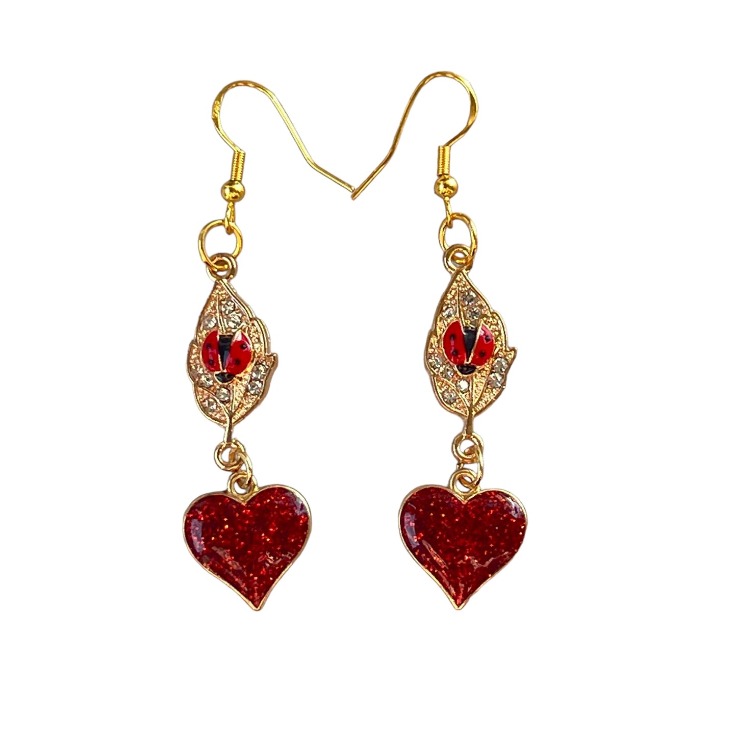 Gold Leaf with Ladybug & Red Heart Dangle Earrings: Whimsical Nature-inspired Jewelry