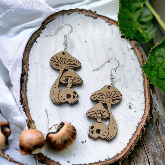 Mushroom Earrings, Rustic Dangle Earrings, Boho Skull Earrings, Cute Nature Earrings, Gothic Wooden Earrings, Country Western Hippie Jewelry