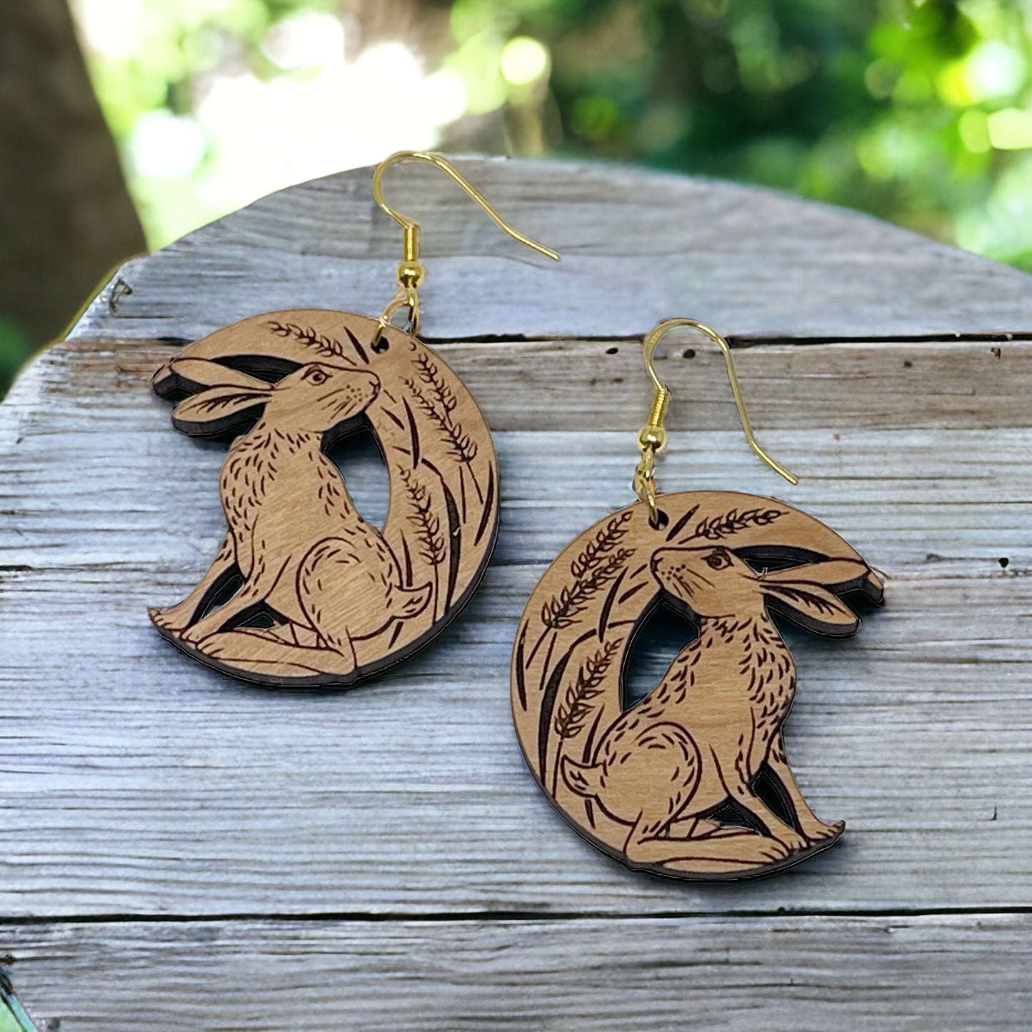 Wooden Bunny Earrings with Crescent Moon & Wheat Design - Whimsical and Nature-Inspired Accessories