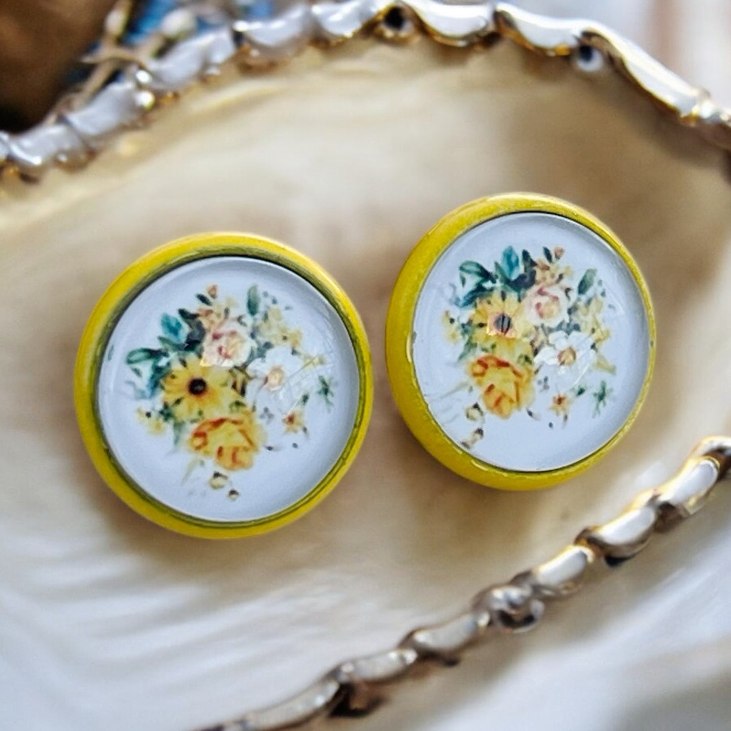 Yellow & White Floral Stud Earrings – Handmade Cottagecore Jewelry
