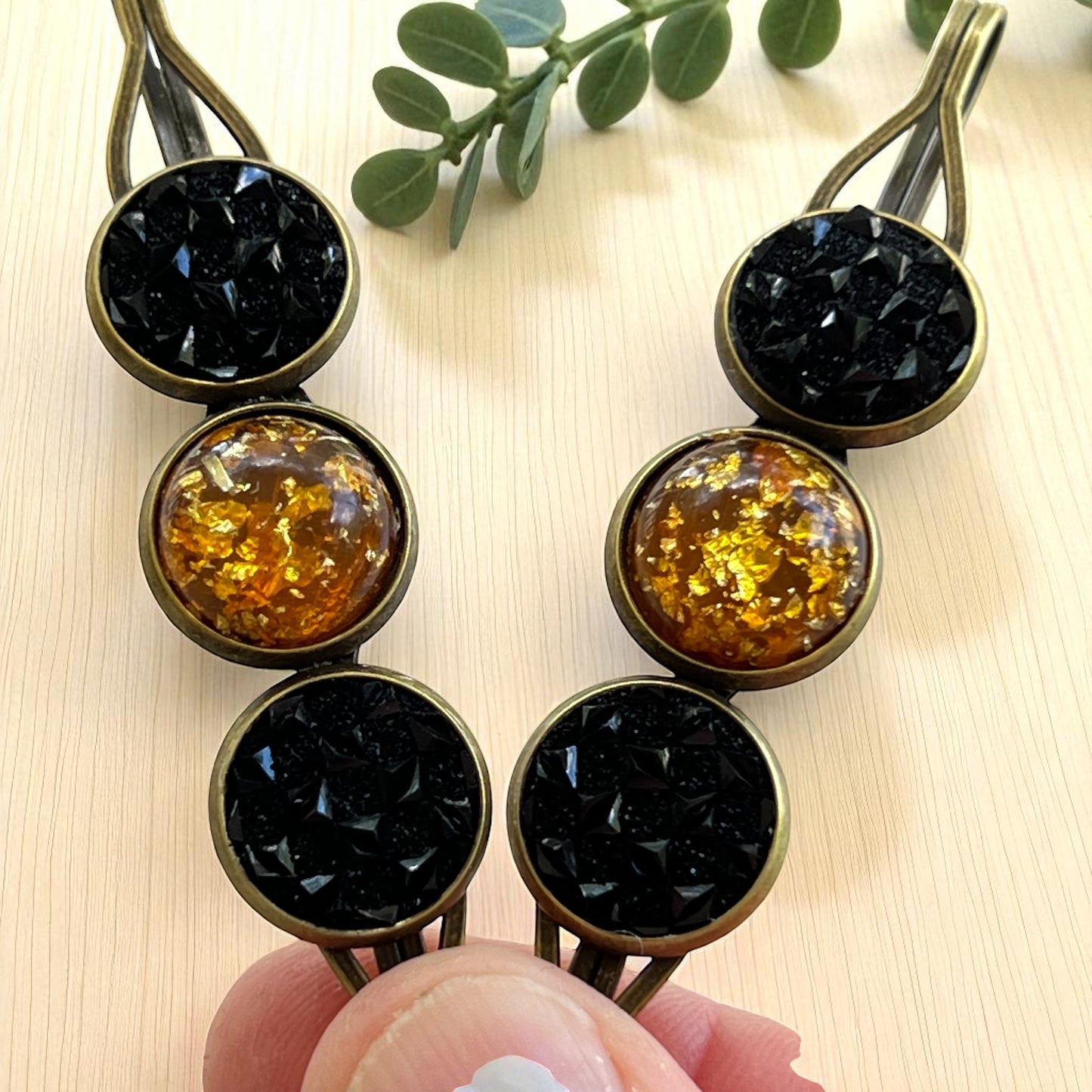 Fall Hair Pin Set – Amber & Black Crystal Handmade Bobby Pins
