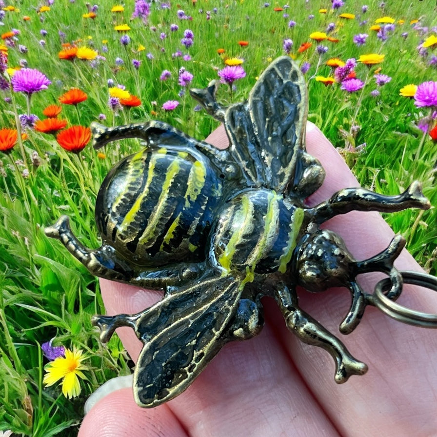 Hand-Painted Bee Purse Charm – Brass Insect Keychain for Women