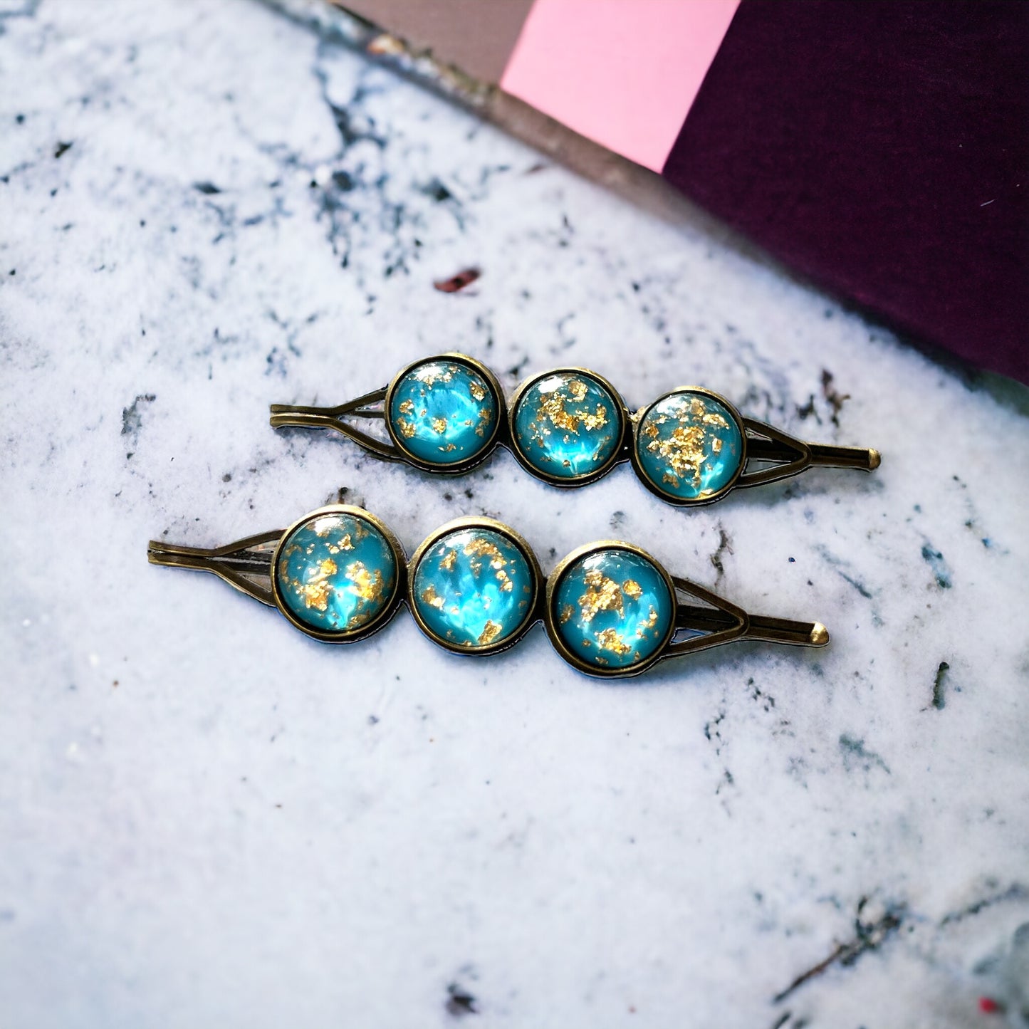 Turquoise Blue Gold Flake Glitter Hair Pins: Sparkling Accessories for Glamorous Styles