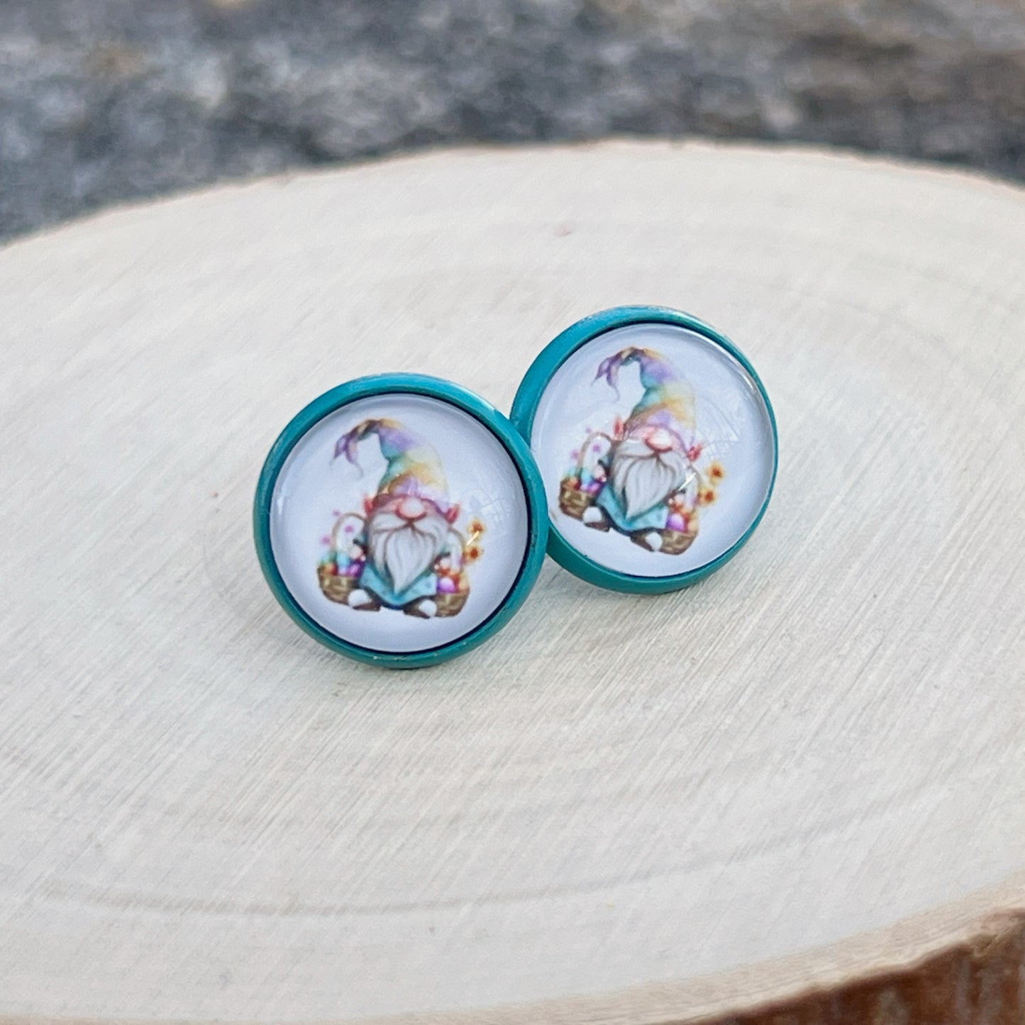 Easter Gnome Stud Earrings – Handmade Teal Spring Jewelry 12mm