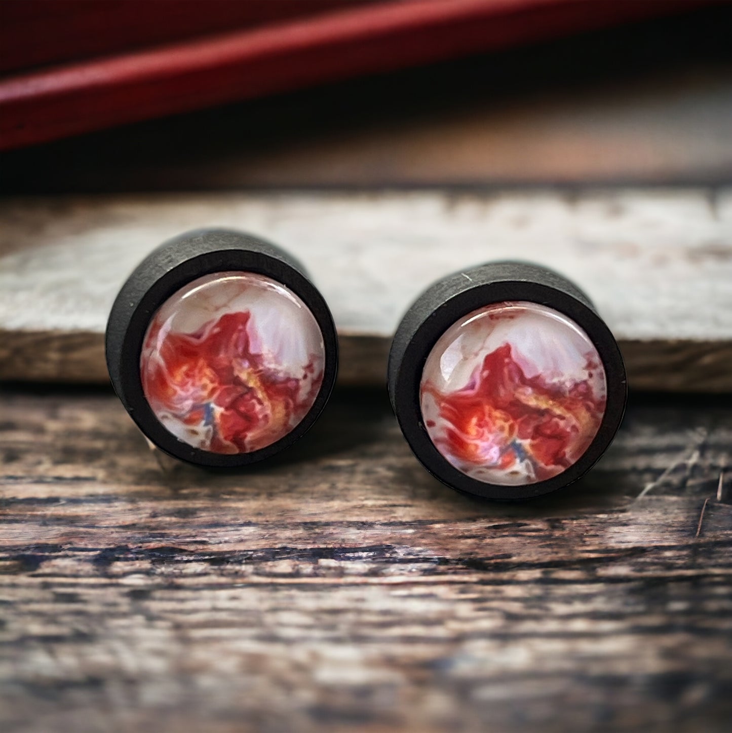 Molten Red Resin Stud Earrings – Bold Abstract Handmade Jewelry