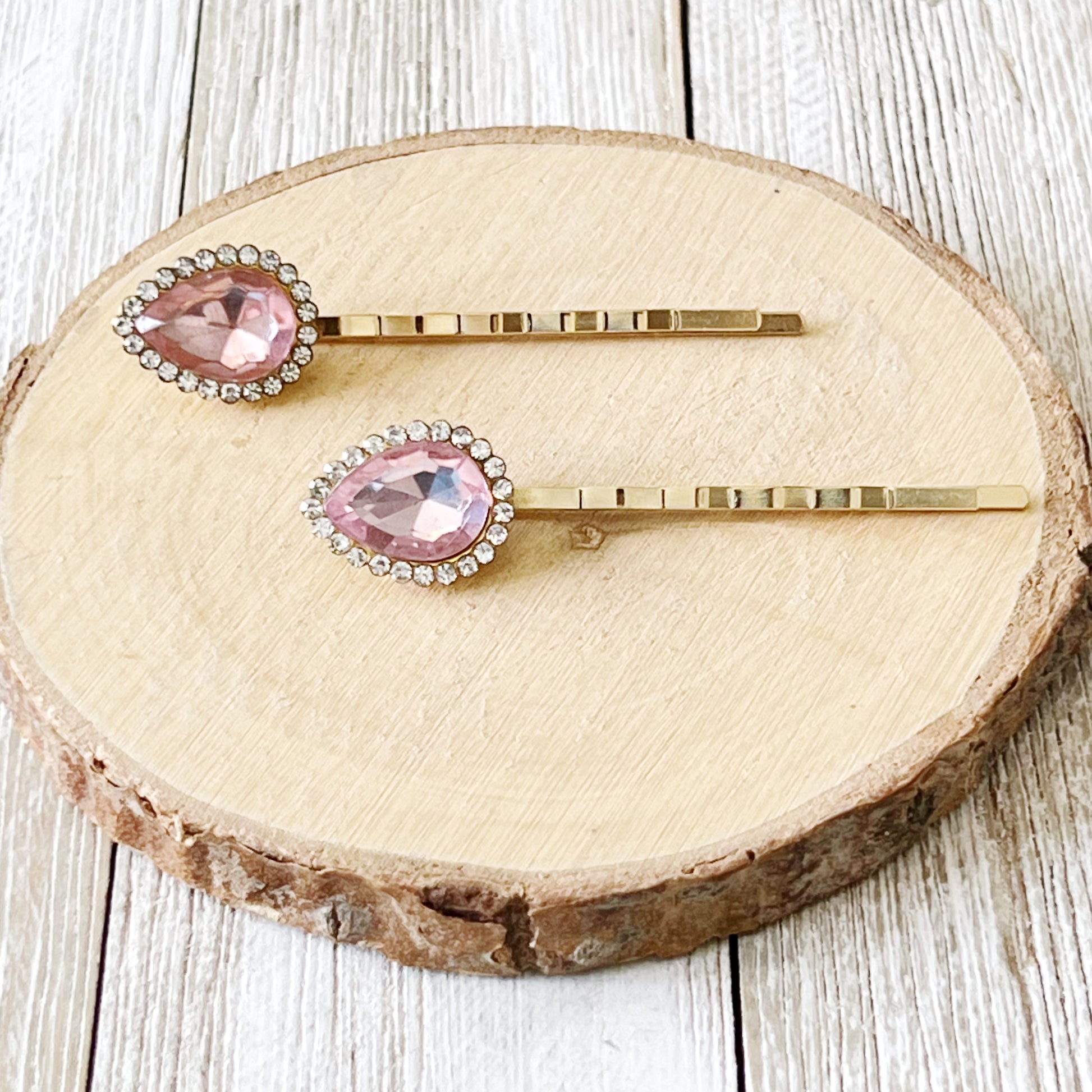 Pink Teardrop Gem Hair Pins – Gold Bobby Pins with Rhinestone Accents