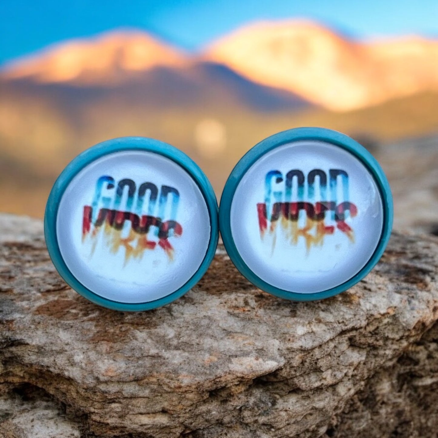 Good Vibes Stud Earrings – Retro Blue Framed Motivational Jewelry