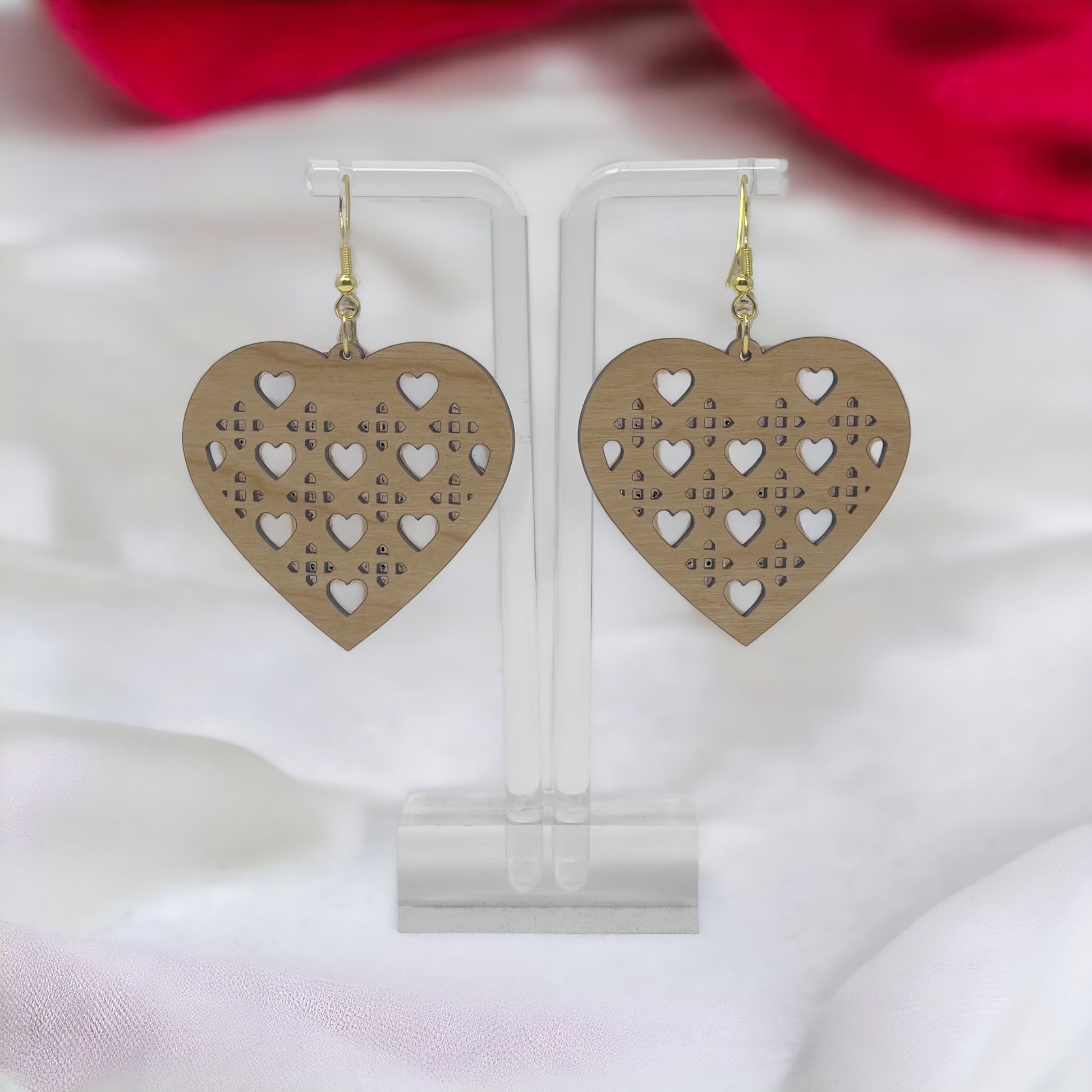 Wood Heart Earrings, Rustic Valentines Dangle Earrings, Cute Holiday Earrings, Wooden Lattice Cutout Earrings, Country Western Boho Jewelry