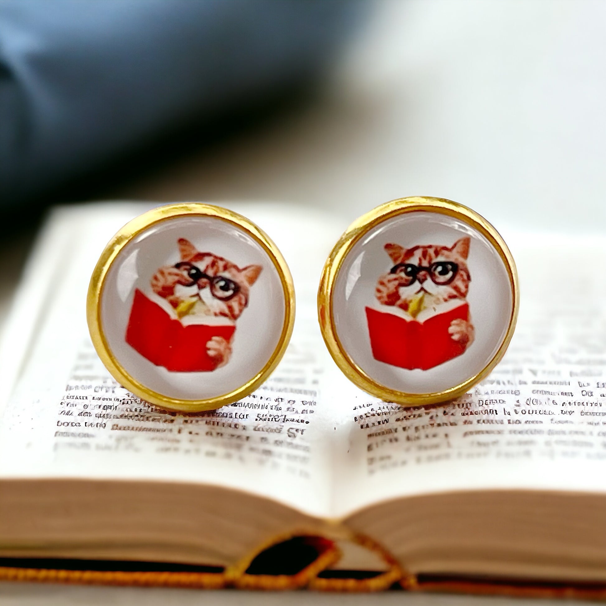 Cat Reading Book Gold-Toned Stud Earrings: Whimsical Literary Accessories