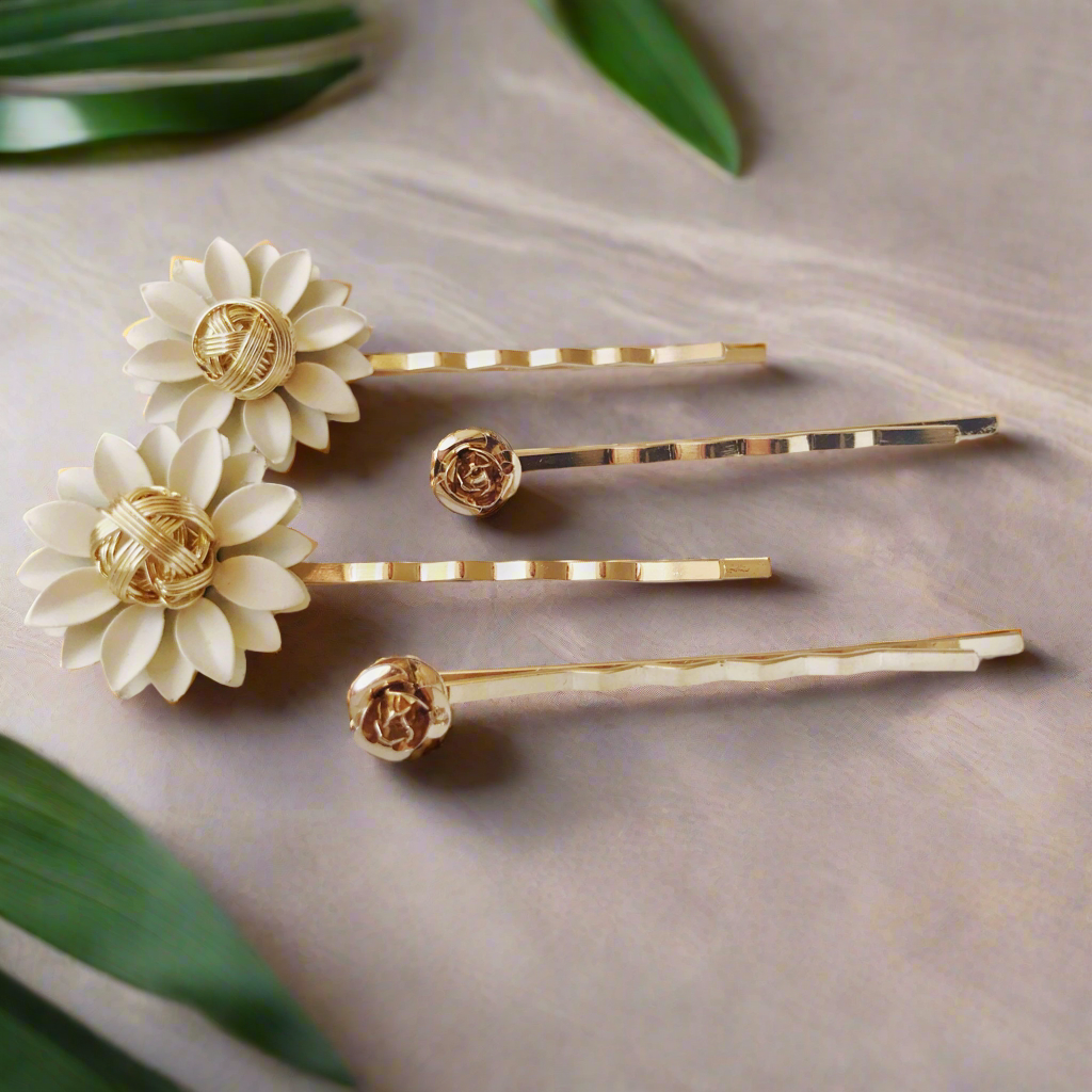 Cream & Gold Metal Floral Hair Pins - Bridal Bobby Pins