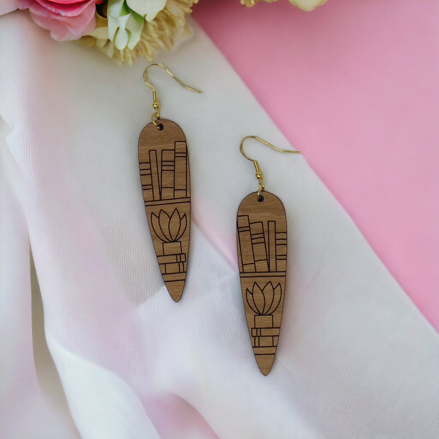 Bookshelf & Plant Wood Earrings – Boho Literary Jewelry