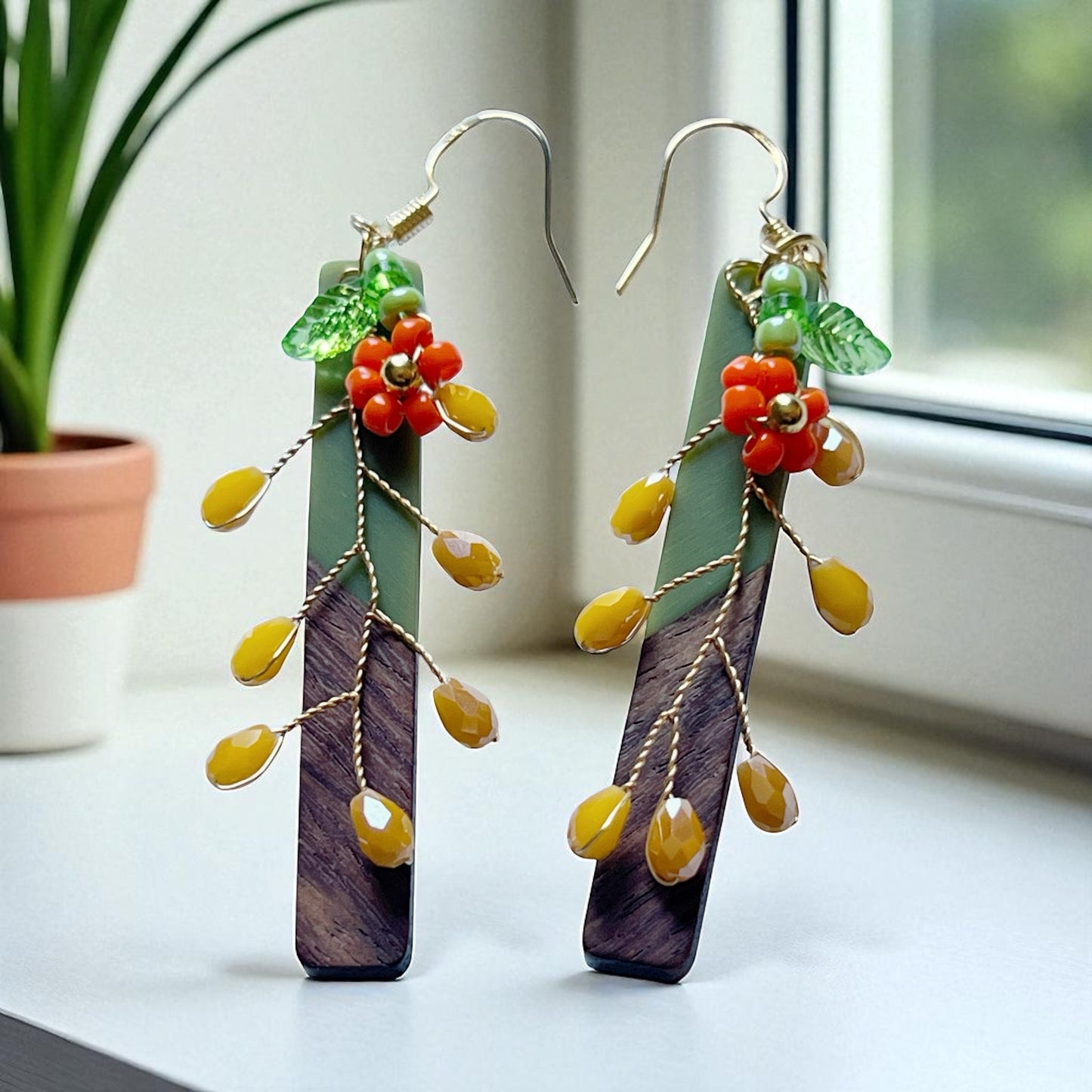 Autumn Vine Wood & Green Bar Earrings – Boho Fall Floral Drops