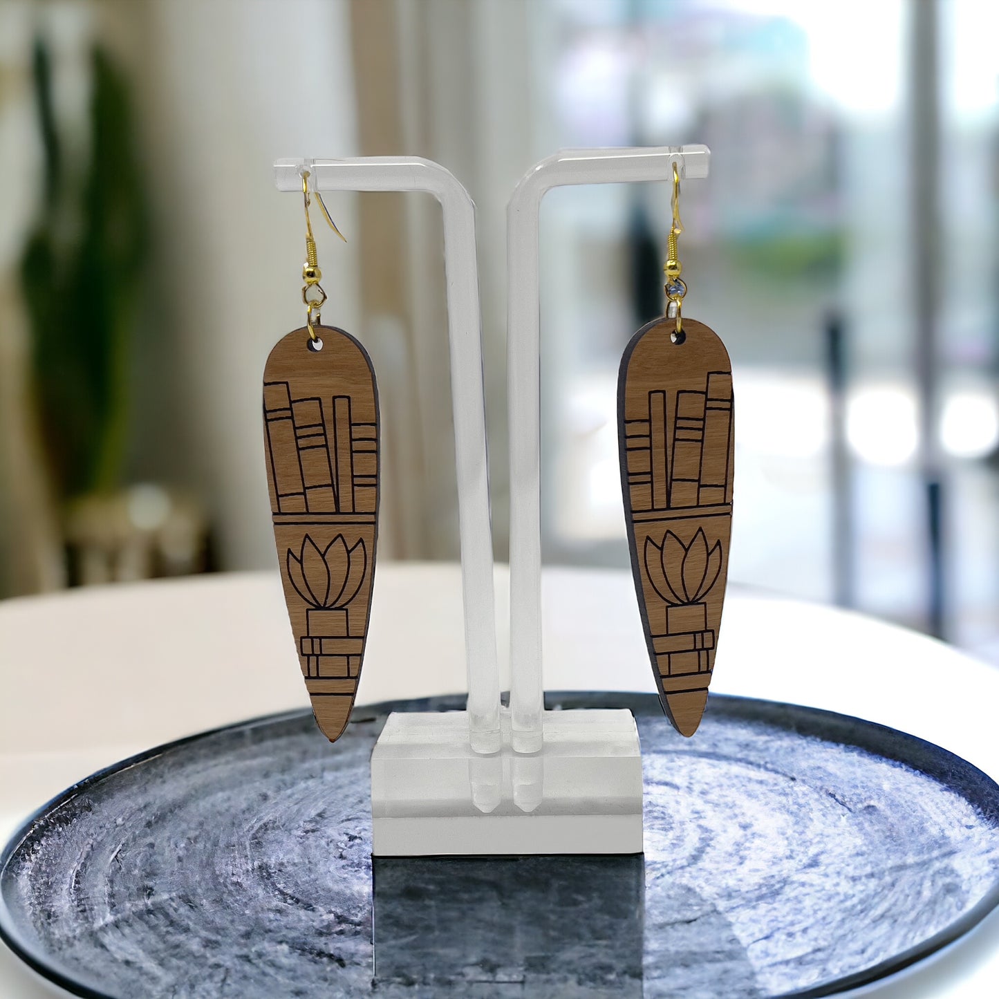 Bookshelf & Plant Wood Earrings – Boho Literary Jewelry