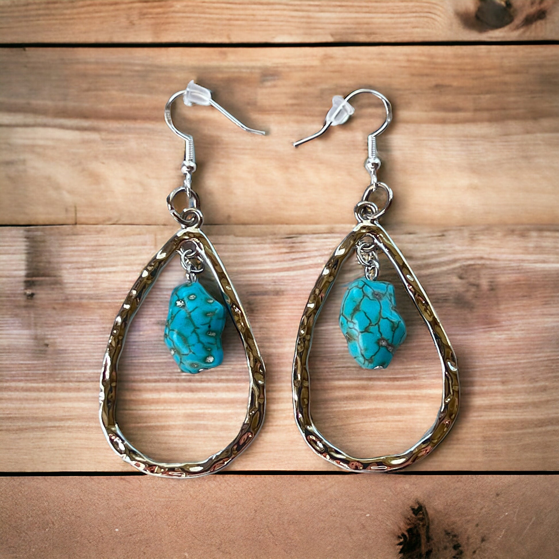 Silver Toned Hammered Metal Teardrop Earrings with Synthetic Turquoise Stone Boho Chic Statement Jewelry Country Western Earrings for Women