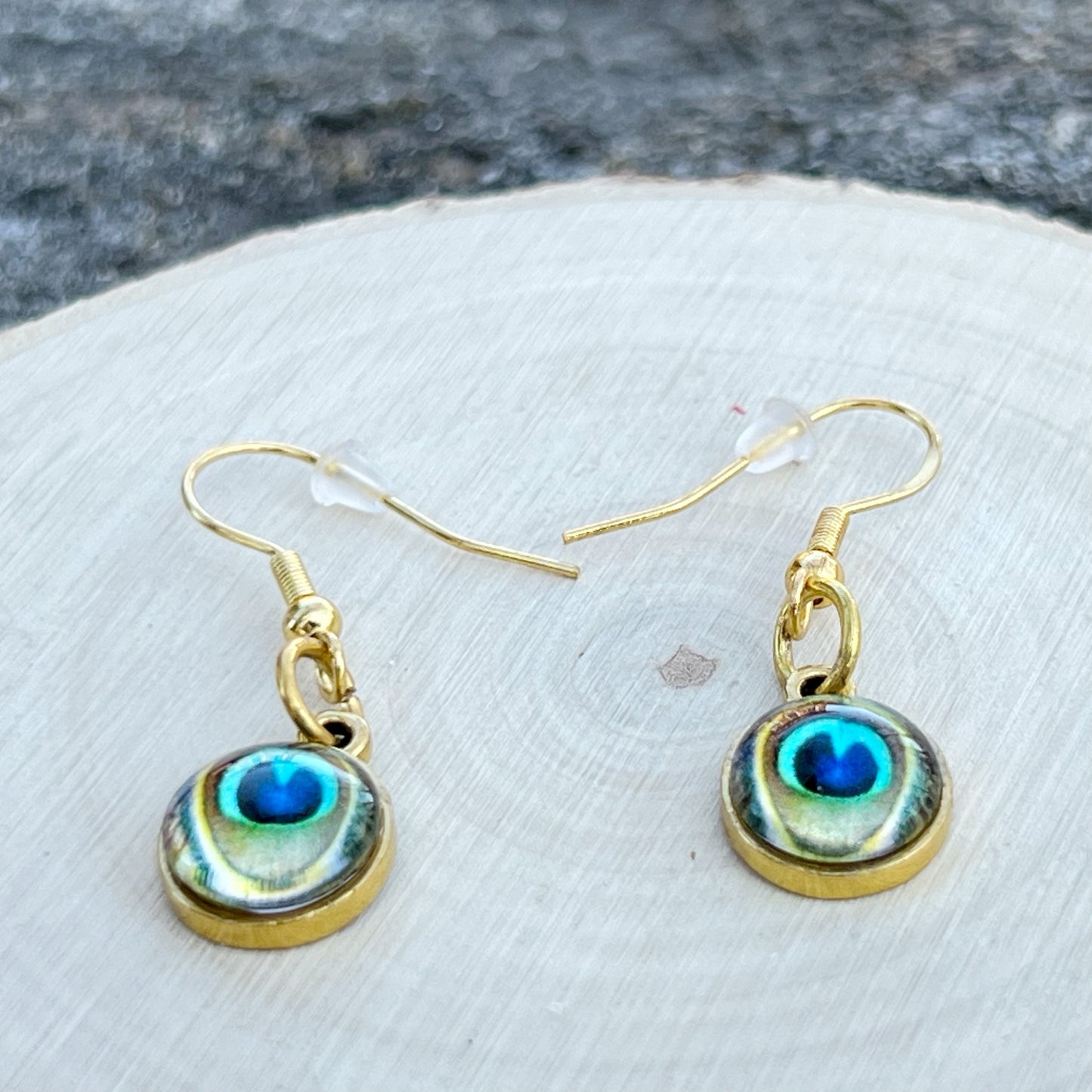 Peacock Eye Earrings – Handmade Gold Boho Dangles